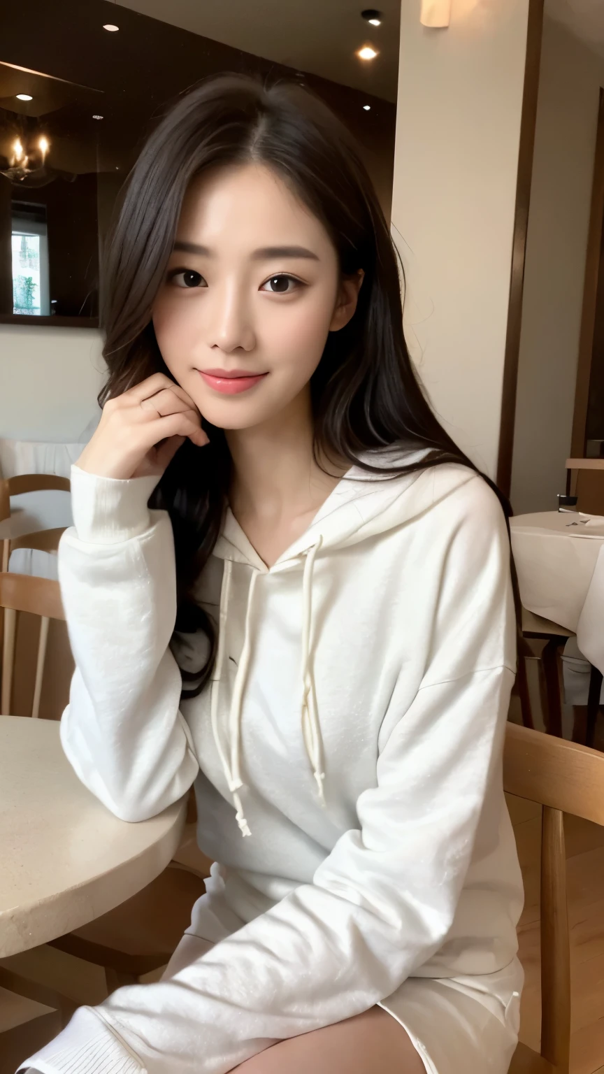 ((top-quality、8k、​masterpiece:1.3))、Beautiful woman with perfect body:1.4、slim abdomen:1.2、Longhair, normal breast, Highly detailed facial and skin texture, A detailed eye, delicate eyes, double eyelid, (smile), (full body shot), (restaurant)), ((sitting on chair)), ((wearing white hoodie)), looking in front