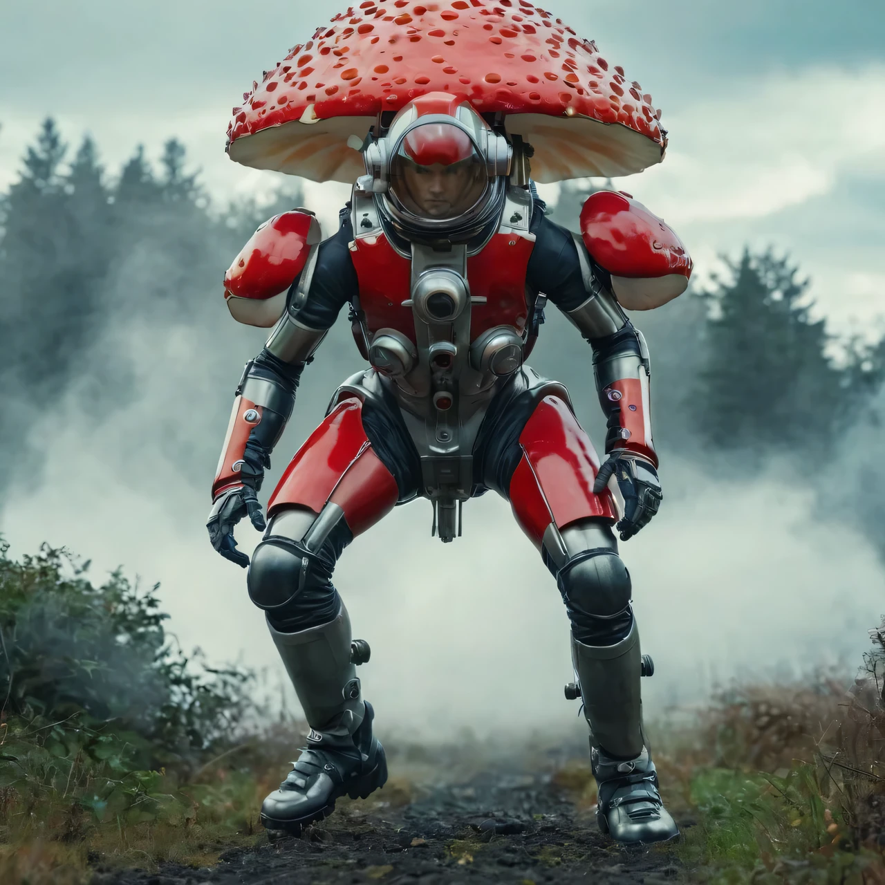 Realistic photography, depicting a giant humanoid (anthropomorphic) superhero fly agaric in a high-tech suit, movement, full pose, whole body, dieselpunk, High detail, many image details, 8 k, hyperrealistic, difficult, transparent