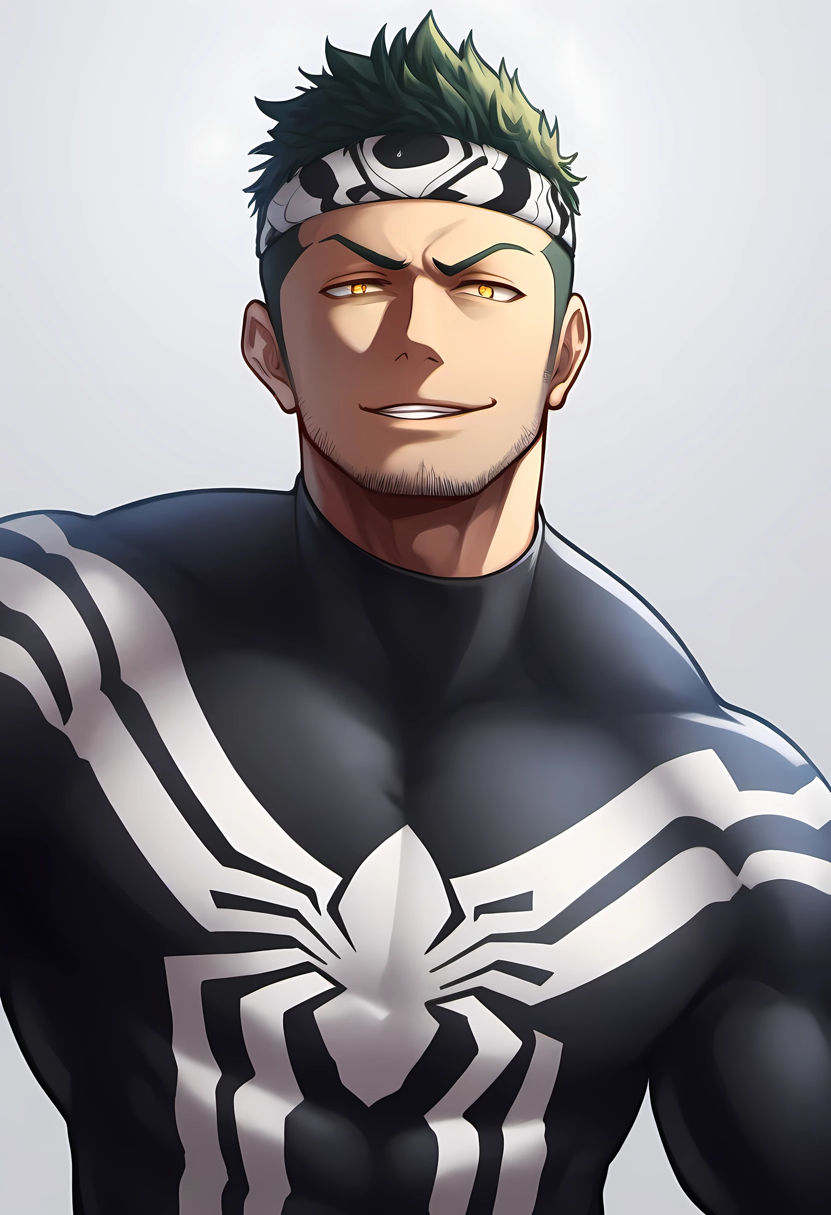 anime characters：Priapus in Spider-Man tights, black sports headband, 1个年轻的muscular man, male focus, buzz clip, White Spider-Man tights, Spider-Man logo, muscular man, extra large breasts, only, Upper body, alone, short yellow hair, stubble, yellow eyes, blink, White background, Simple background, amazing quality, best aesthetics, ridiculous, bright pupils, short hair, naughty face, torogao, open lips, best quality