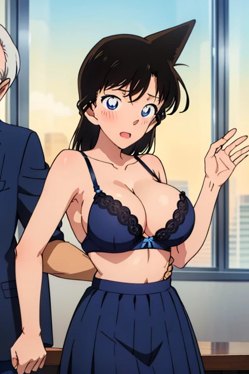 (1 old man, grab someone else&#39;s chest, grab from behind, groping, hetero:1.2), highest quality, High resolution, 1 girl, focus only, (big breasts),cleavage、it is in it, white shirt,(black bra)、 mini blue skirt, blue panties, blush, embarrassing, (From before:1.2)、high resolution、anime drawing、looking at the camera,raise hand