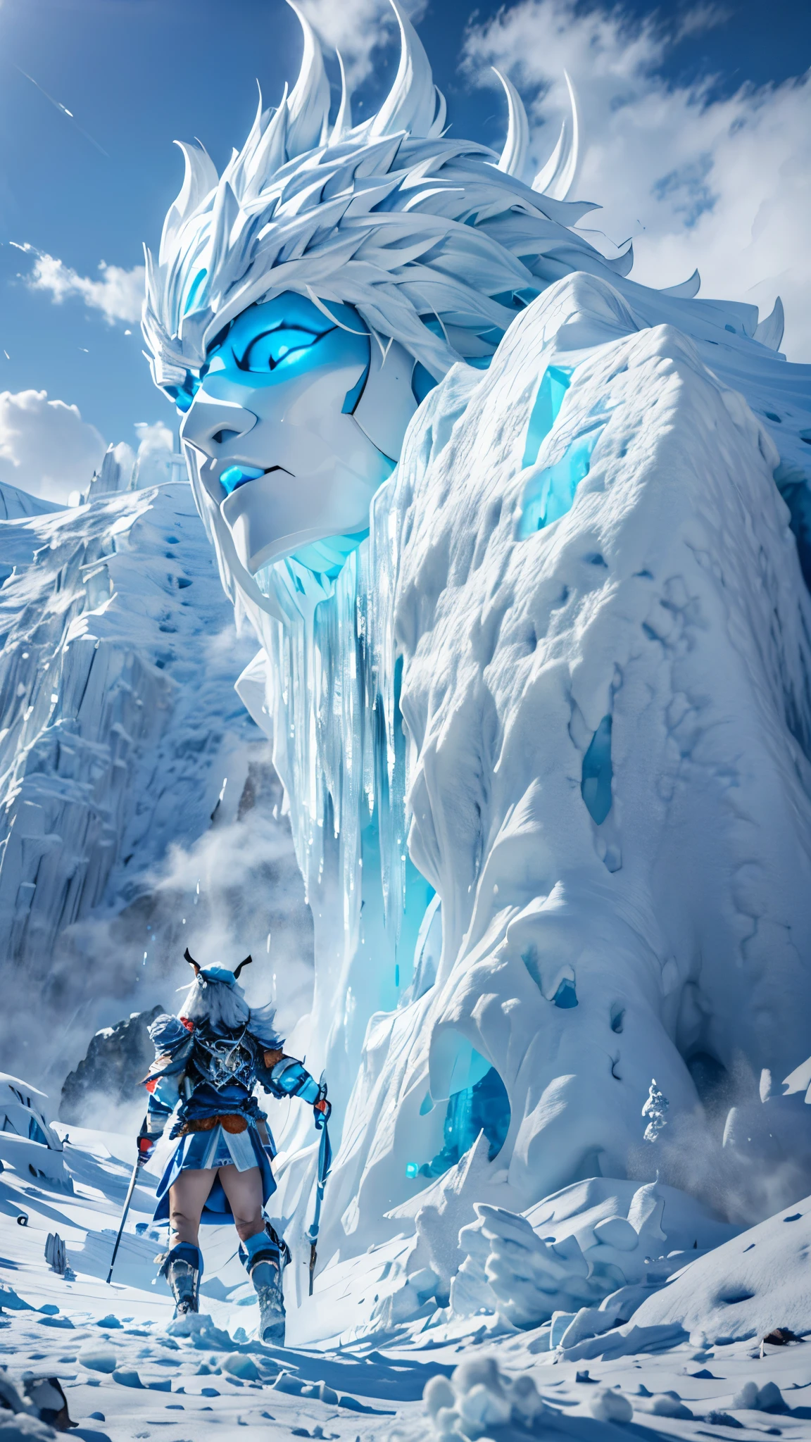 (good structure),high dynamic range,ultra high definition,8k,Ice Giant,Giant Clan, air bubble, blue eyes, bubble, cloud, cloudy sky, day, ice, male focus, mountain,Frozen on the body,iceberg,One arm, open mouth, outdoors, polearm, rock, sky, weapon, white hair,Incomplete body,1girl