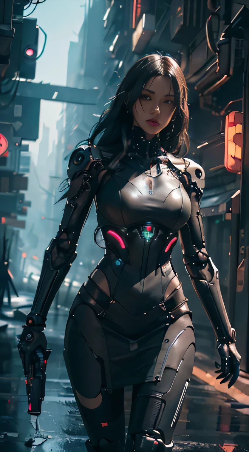 girl,wearing a sexy dress。,futuristic techwear,Mechanical prosthesis Mechanical skeleton, evening, A ruined cyberpunk city, neon sign, better image quality, maximum clarity and clarity, surreal realism, High resolution, afofuturism,contrast of light and shadow, cinematic lighting, ray tracing, reflected light, cowboy lens, f/4.0