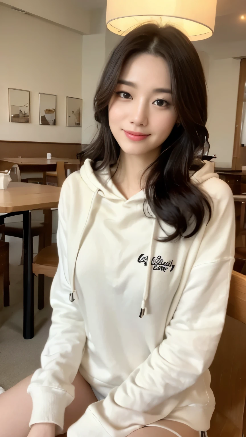 ((top-quality、8k、​masterpiece:1.3))、Beautiful woman with perfect body:1.4、slim abdomen:1.2、Longhair, normal breast, Highly detailed facial and skin texture, A detailed eye, delicate eyes, double eyelid, (smile), (full body shot), (restaurant)), ((sitting on chair)), ((wearing white hoodie)), looking in front