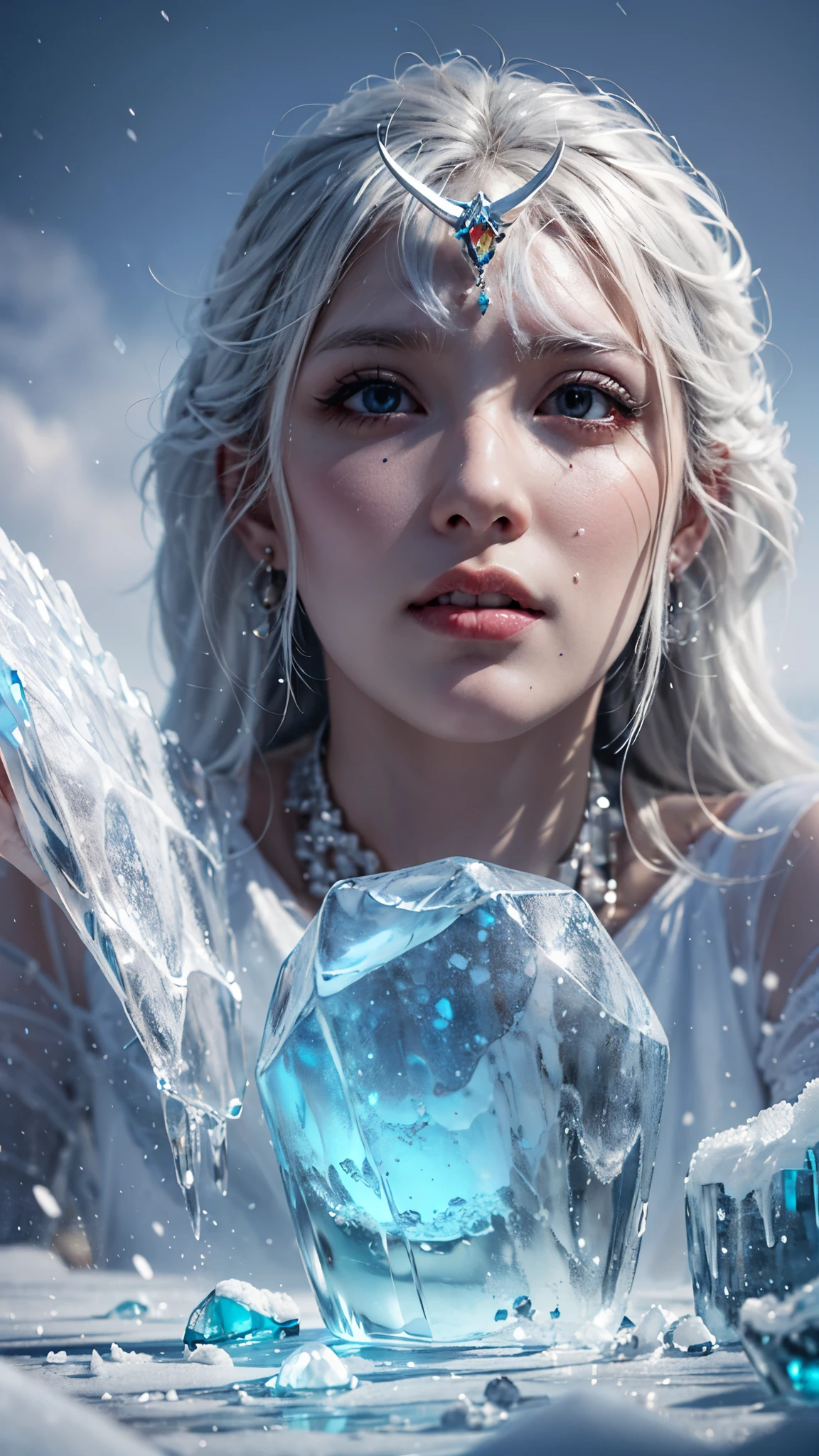 (good structure),high dynamic range,ultra high definition,8k,Ice Giant,Giant Clan, air bubble, blue eyes, bubble, cloud, cloudy sky, day, ice, male focus, mountain,Frozen on the body,iceberg,One arm, open mouth, outdoors, polearm, rock, sky, weapon, white hair,Incomplete body,1girl