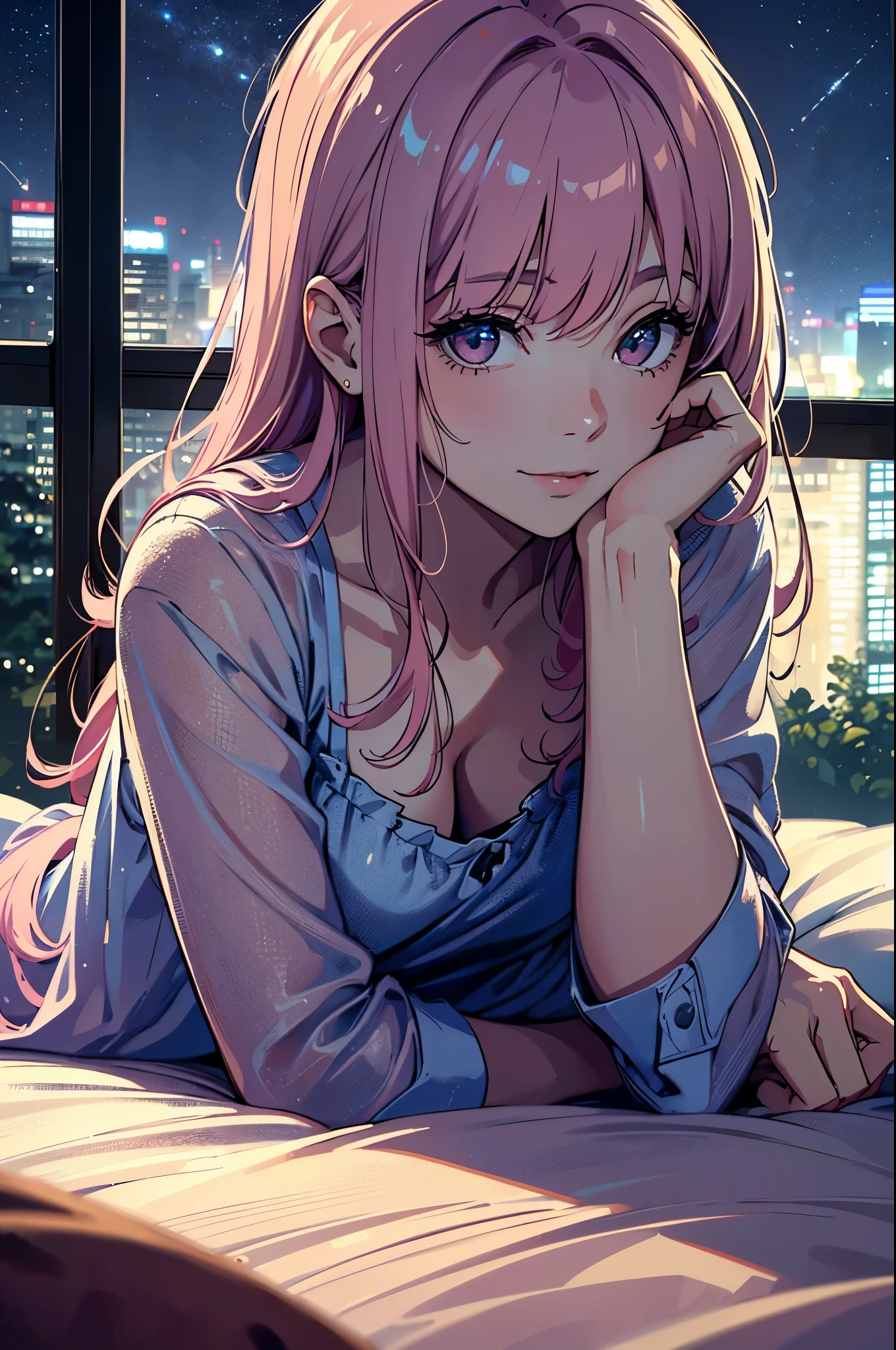 (best quality,4k,8k,highres,masterpiece:1.2),ultra-detailed,(realistic,photorealistic,photo-realistic:1.37) mid side shot of a mature looking pink haired girl in a sexy tiny nightdress laying on her side while looking at the camera and smiling, bedroom, dark lighting, dark blue lighting, lights off, close camera shot of a girl lying on her side, no windows, no lighting, night time, night city, window of night city, laying on side, girl lying down, girl laid down on her side