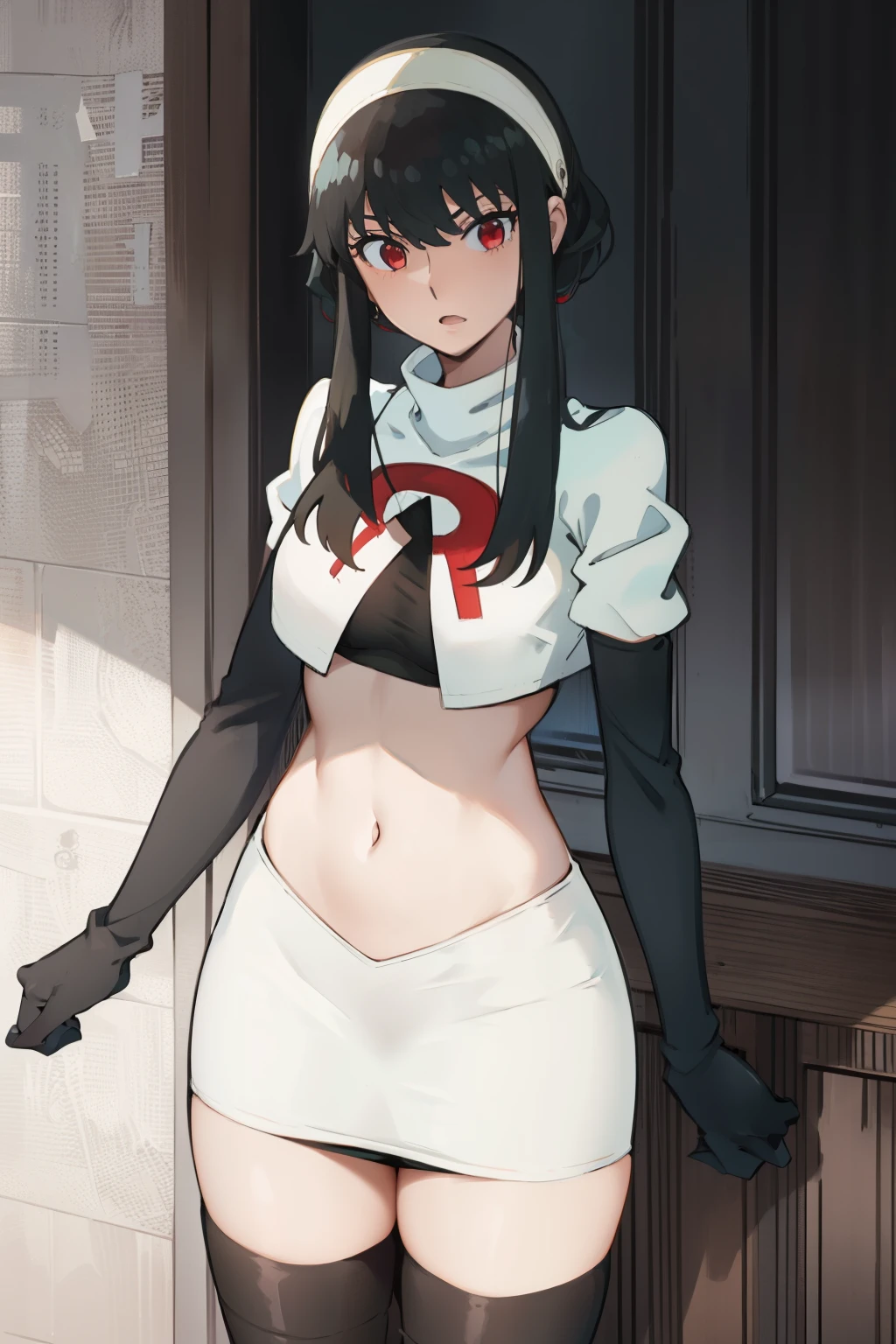 yor, 1girl, black hair, red eyes, black hair, short hair, short hair with long locks, bangs, sidelocks, white hairband,team rocket,team rocket uniform, red letter R, white skirt,white crop top,black thigh-highs,black elbow gloves,