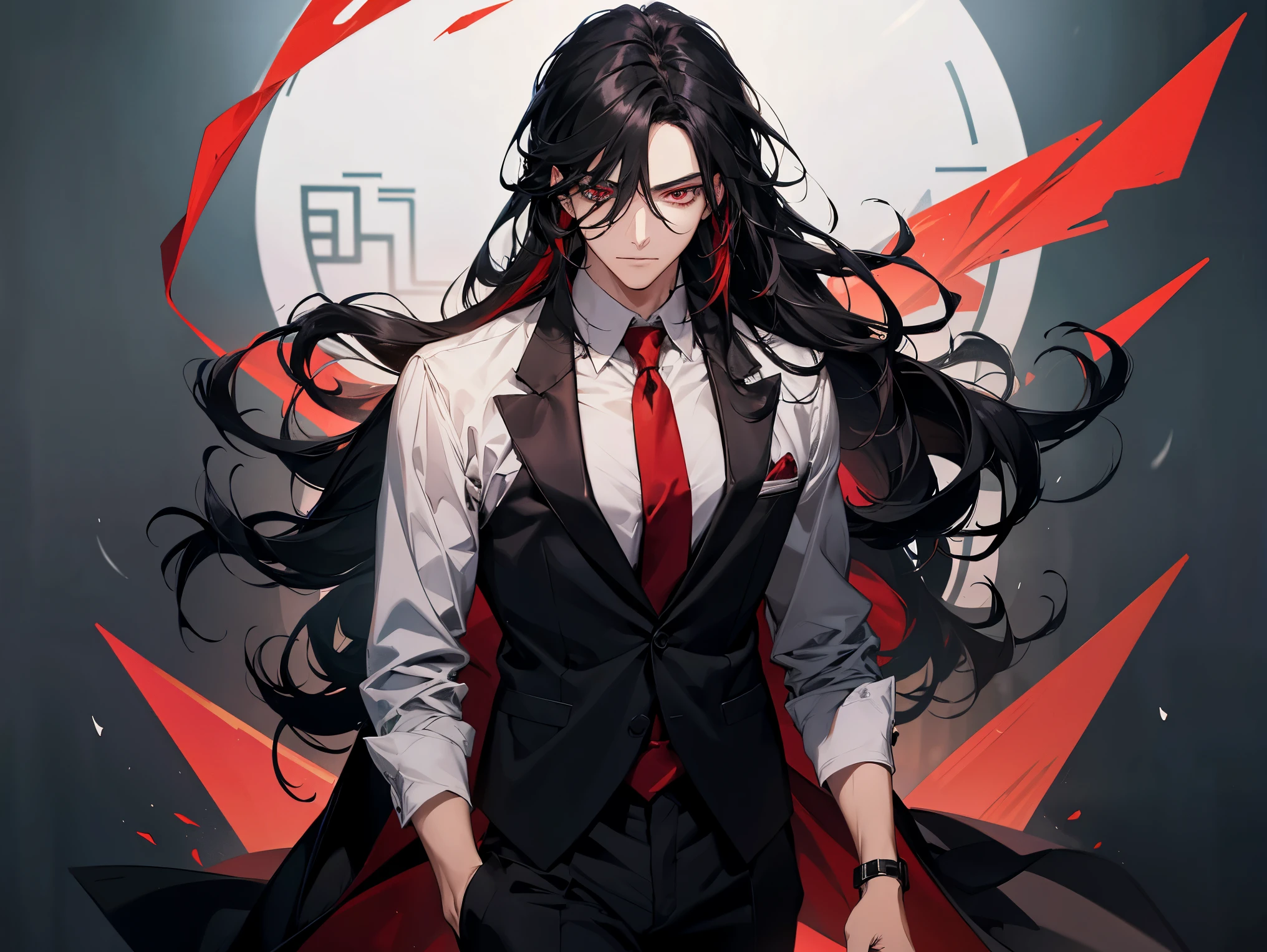 1 man, teacher, wearing white shirt, black suit, black long pants, black hair, long hair, red eyes, red tie, face to detail, detailed eyes, the background is an office in china