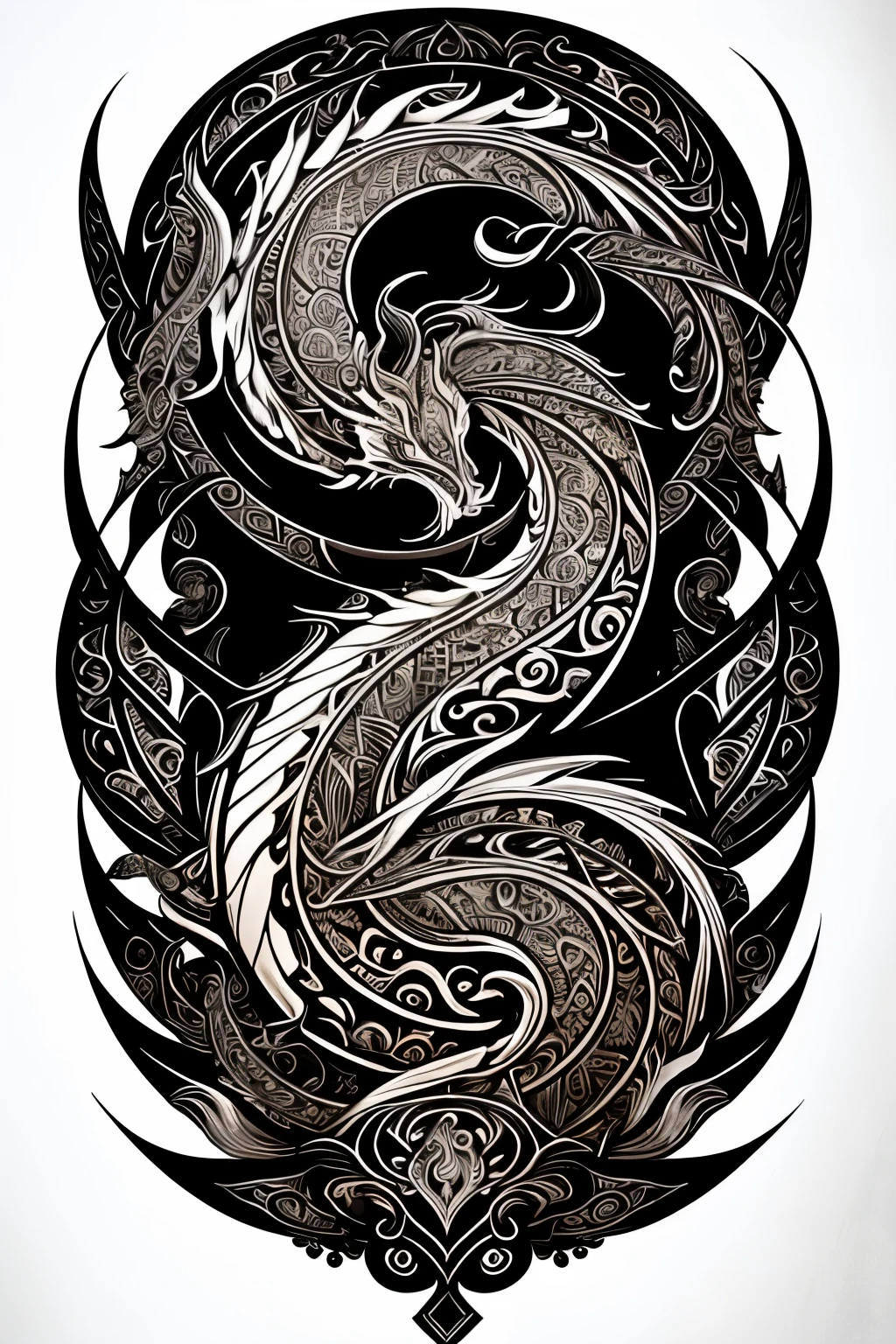 white sheet, tribal dragon tattoo, intricate details, black ink, mystical aura, bold lines, fierce expression, curling tail, intricately patterned scales, sharp claws, tribal motifs, powerful presence, mythical creature, spiritual symbolism, aged paper texture, traditional tattoo art, high contrast, dramatic composition, intricate linework, dark and light shading, traditional ink techniques, elaborate design, sacred emblem, ancient symbolism
