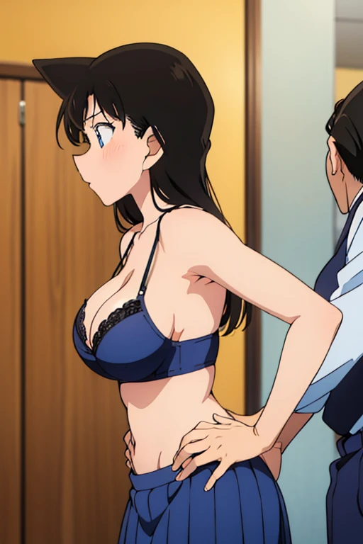 (1 old man, grab someone else&#39;s chest, grab from behind, groping, hetero:1.2), highest quality, High resolution, 1 girl, focus only, (big breasts),cleavage、it is in it, white shirt,(black bra)、 mini blue skirt, red panties, embarrassing, (from diagonally below:1.2)、high resolution、anime drawing、looking at the camera,Show your armpits
