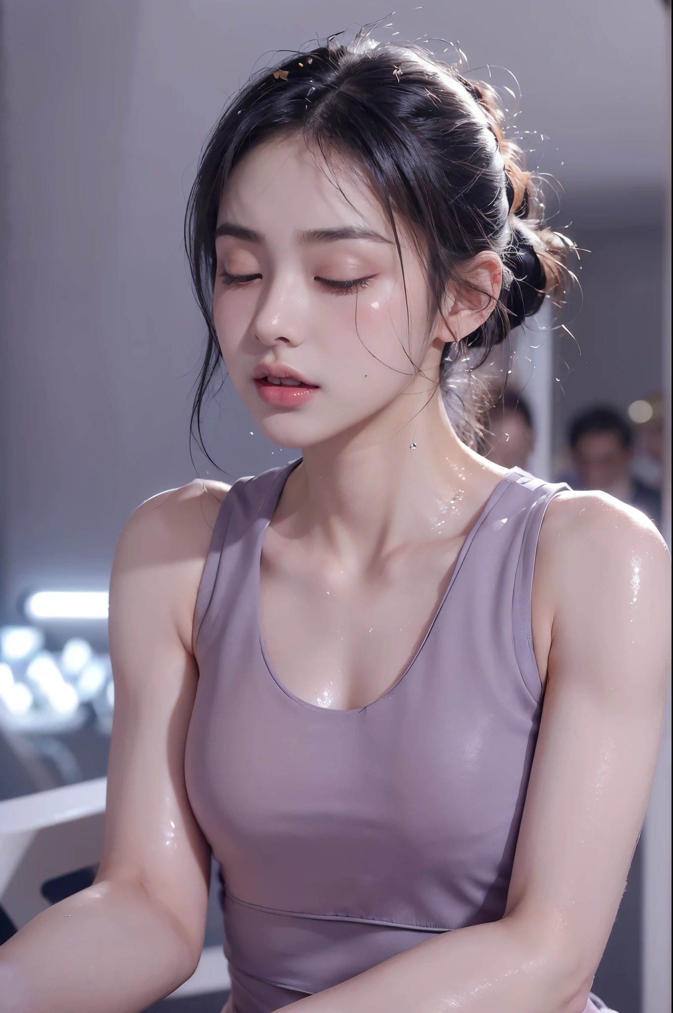 ((((8k))),((Extremely meticulous CG)) ,(wallpaper),16k,((Extremely refined and beautiful)),(((Masterpiece))),(((best qualtiy))),(((Ultra High Resolution))),beautiful light up,Perfect lightning,realistic shaded,(high resolution),(Smooth and flawless fair skin:1.5),(pale skin:1.3),Extremely exquisite facial details,(perfect body:1.1),(ultra-detailed),(a beautiful girl,solo),(small head:1.2),(short pony tail:1.2),(small face:1.2,(Exquisite makeup:1.3),((slim,thin)),(small breasts:1.2),(flat chest:1.2),(strapgray light purple_gray yoga tank top:1.3),(day scene:1.5),(indoor:1.3),(in the gym:1.5),((Many fitness equipment, treadmills, dumbbells)),(detailed background:1.5),(standing:1.3),(Embraced by a rude man:1.5),(close-up of face:1.3),(from front:1.2),(shiny skin:1.5),(sweat:1.3),(close eyes:1.5),(open mouth:1.5),(blush:1.3),(female orgasmic:1.3),(ahegao:1.3),(hands behind back:1.2),(surrounded by crowded crowds of strong men:1.5)