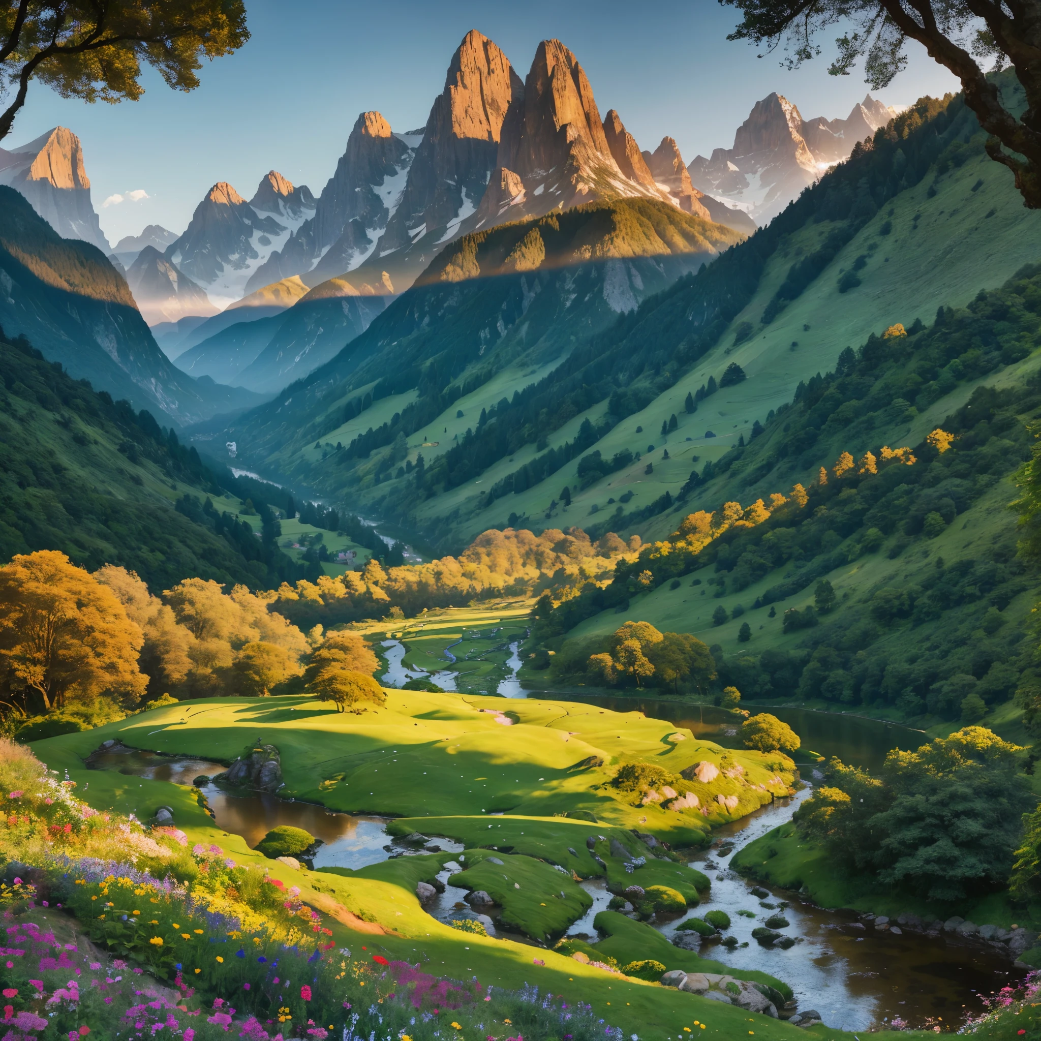 Nestled amidst the picturesque valley of mountains in a Pixar-esque style, lies a serene and enchanting scene. The rolling hills are adorned with lush, verdant greenery, and the sunlight filters through the trees, creating dappled patterns on the ground below. A crystal-clear stream meanders through the valley, reflecting the vibrant hues of the surrounding landscape.
In the distance, the mountains tower majestically, their peaks bathed in the golden light of the setting sun. The valley's floor is dotted with wildflowers of every color and size, adding a splash of vibrancy to the otherwise tranquil setting. The