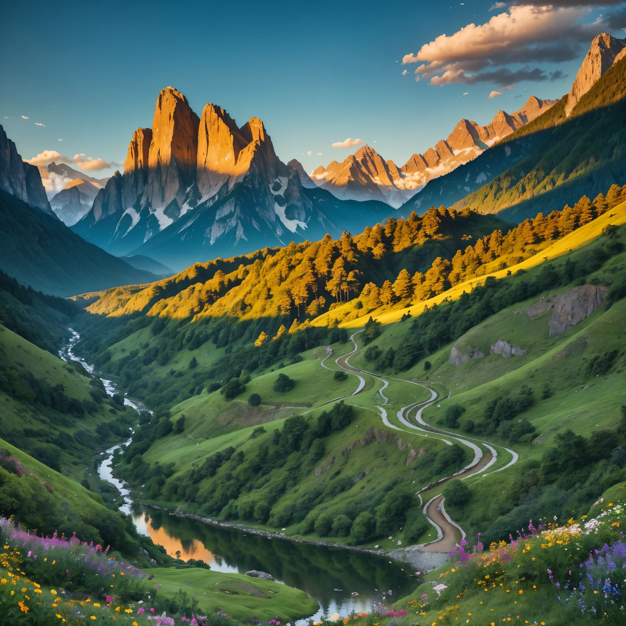 Nestled amidst the picturesque valley of mountains in a Pixar-esque style, lies a serene and enchanting scene. The rolling hills are adorned with lush, verdant greenery, and the sunlight filters through the trees, creating dappled patterns on the ground below. A crystal-clear stream meanders through the valley, reflecting the vibrant hues of the surrounding landscape.

In the distance, the mountains tower majestically, their peaks bathed in the golden light of the setting sun. The valley's floor is dotted with wildflowers of every color and size, adding a splash of vibrancy to the otherwise tranquil setting. The