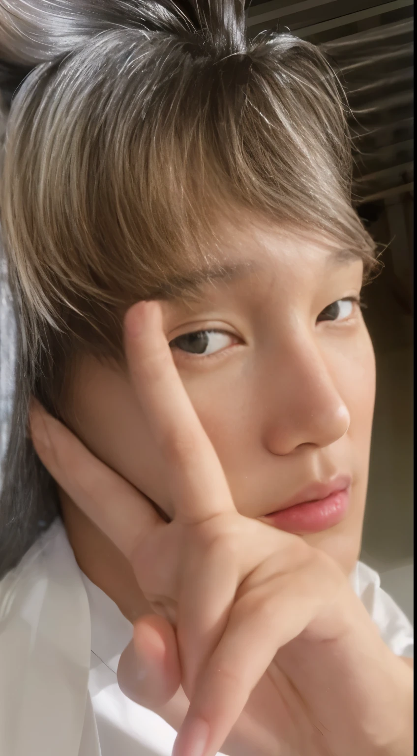 there is a man in a white shirt and a gray jacket, cai xukun, Jungkook, Jimin\the right eyelid is swollen, com dedo indicador, hyung tae, brilhante da chuva, Shinji, Kim Doyoung, Jinyoung Shin, rosto bonito e claro, Sakimichan, taejune kim, Jimin, adorable and pale korean face, headshot imagem de perfilture, imagem de perfil