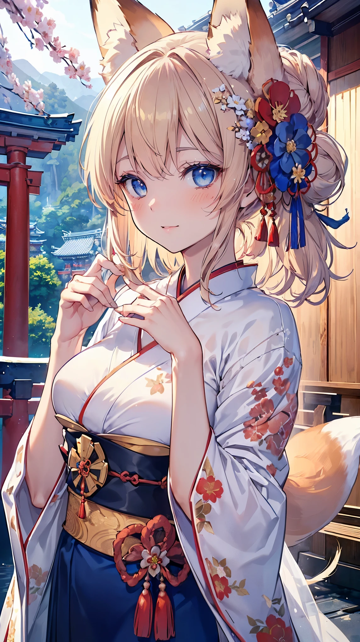 (((Masterpiece))), (((Highest quality))), ((Ultra-detailed)), ((Super fine illustration)), ((Ultra-fine painting)), (16K highest quality wallpaper:1.4), (Upper body:1.6), HDR, (Highly detailed and delicate illustration style:1.8), Detailed skin texture, Detailed cloth texture, Extreme detailed description, (T-masterpiece), (Highly detailed face:1.2), (Highly detailed fox ears:1.2), (Highly detailed shiny golden brown half updo:1.2), (Highly detailed clear blue eyes:1.2), Original, RAW photo, Professional, Intricate details, Super details, Direct light:1.6, (Perfect anatomy:1.4), (Highly detailed hands:1.2), (Highly detailed fingers:1.2), (Highly detailed fingertips:1.2), (24-years-old), Real, (Solo:1.8), ((A very beautiful and attractive fox fashion model with blue eyes wearing a bright red furisode with a floral pattern:1.4)) BRAKE (Beautiful and adorable fox ears:1.6), (Highly detailed and delicate fox ears:1.4), (Beautiful and well-shaped big breasts:1.2), (Beautiful and well-shaped buttocks), (Beautiful and shiny golden brown half updo:1.4), (Highly detailed and delicate golden brown half updo:1.2), (Beautiful clear blue eyes that shine with great detail:1.6), (Highly detailed and delicate blue eyes:1.2), (Highly detailed face:1.4), (Smile:1.5), (Blush:1.4), (Looking at viewer:1.4), (Celebration:1.4) BRAKE (Bright red furisode with floral pattern:1.4), (Japanese traditional costume:1.2) BRAKE (Concept art:1.2), (Detailed fantasy art:1.2) BRAKE (Highly detailed and delicate Ise Grand Shrine in Mie Prefecture in the background just after noon in spring:1.6), (Celebration:1.4), Ise Grand Shrine:1.4, Torii gate of Ise Shrine:1.4, cherry blossoms:1.2, Very beautiful in the sunny sky background just after noon:1.4 BRAKE