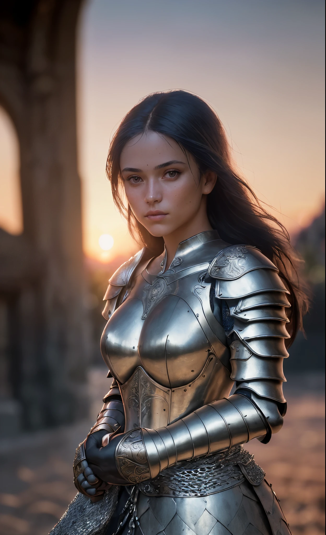 (masterpiece), (extremely intricate:1.3), (realistic), portrait of a girl, the most beautiful in the world, (medieval armor), metal reflections, upper body, outdoors, intense sunlight, far away castle, professional photograph of a stunning woman detailed, sharp focus, dramatic, award winning, cinematic lighting, octane render  unreal engine,  volumetrics dtx, (film grain, blurry background, blurry foreground, bokeh, depth of field, sunset, motion blur:1.3), chainmail