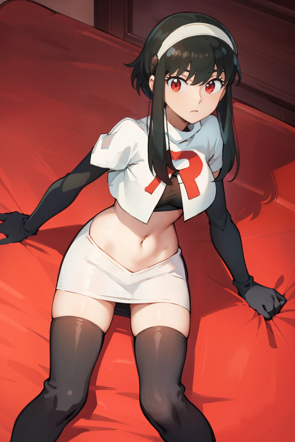 yor, 1girl, black hair, red eyes, black hair, short hair, short hair with long locks, bangs, sidelocks, white hairband,team rocket,team rocket uniform, red letter R, white skirt,white crop top,black thigh-highs,black elbow gloves,