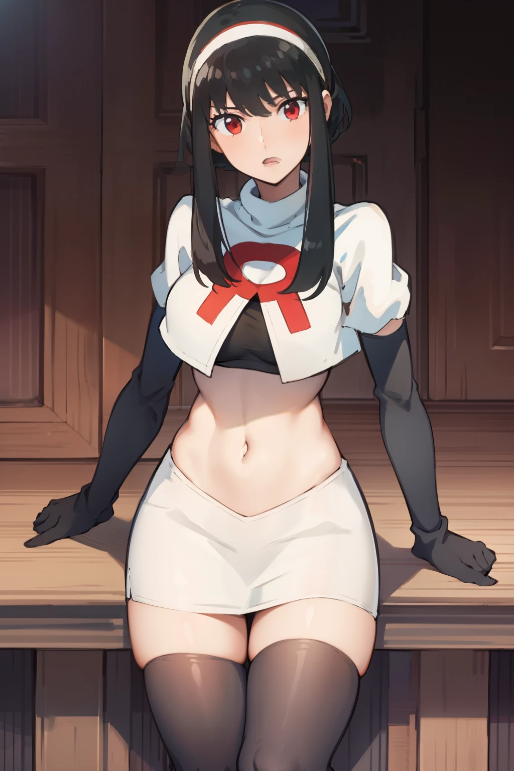 yor, 1girl, black hair, red eyes, black hair, short hair, short hair with long locks, bangs, sidelocks, white hairband,team rocket,team rocket uniform, red letter R, white skirt,white crop top,black thigh-highs,black elbow gloves,