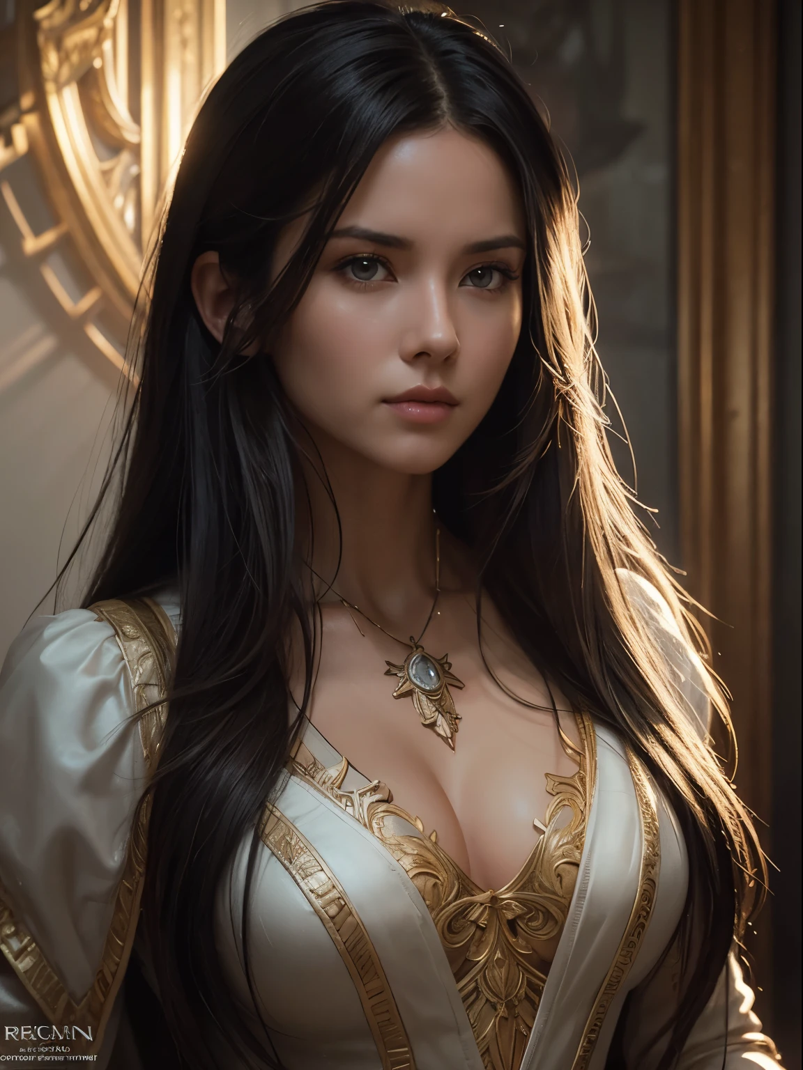 portrait of emb-rebecca with long black hair in fog, cinematic lighting, photorealistic, ornate, intricate, realistic, detailed, volumetric light and shadow intricate, elegant, highly detailed, digital painting, artstation, concept art, smooth, sharp focus, illustration, art by artgerm and greg rutkowski and alphonse mucha, super detailed