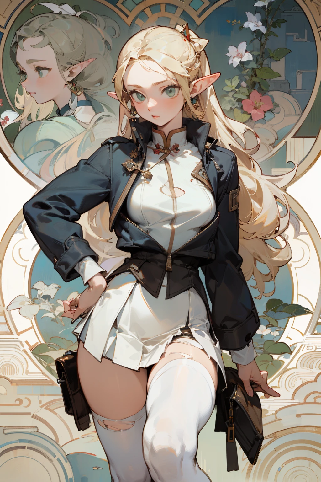 (masterpiece, best quality) detailed, Wearing white tights, silver accessories , zipper unzipped , Blonde ,elegant, pointed ears ，Chinese element pattern，thigh，漏出thigh，White shirt，white pleated skirt，torn clothes，Alphonse Mucha