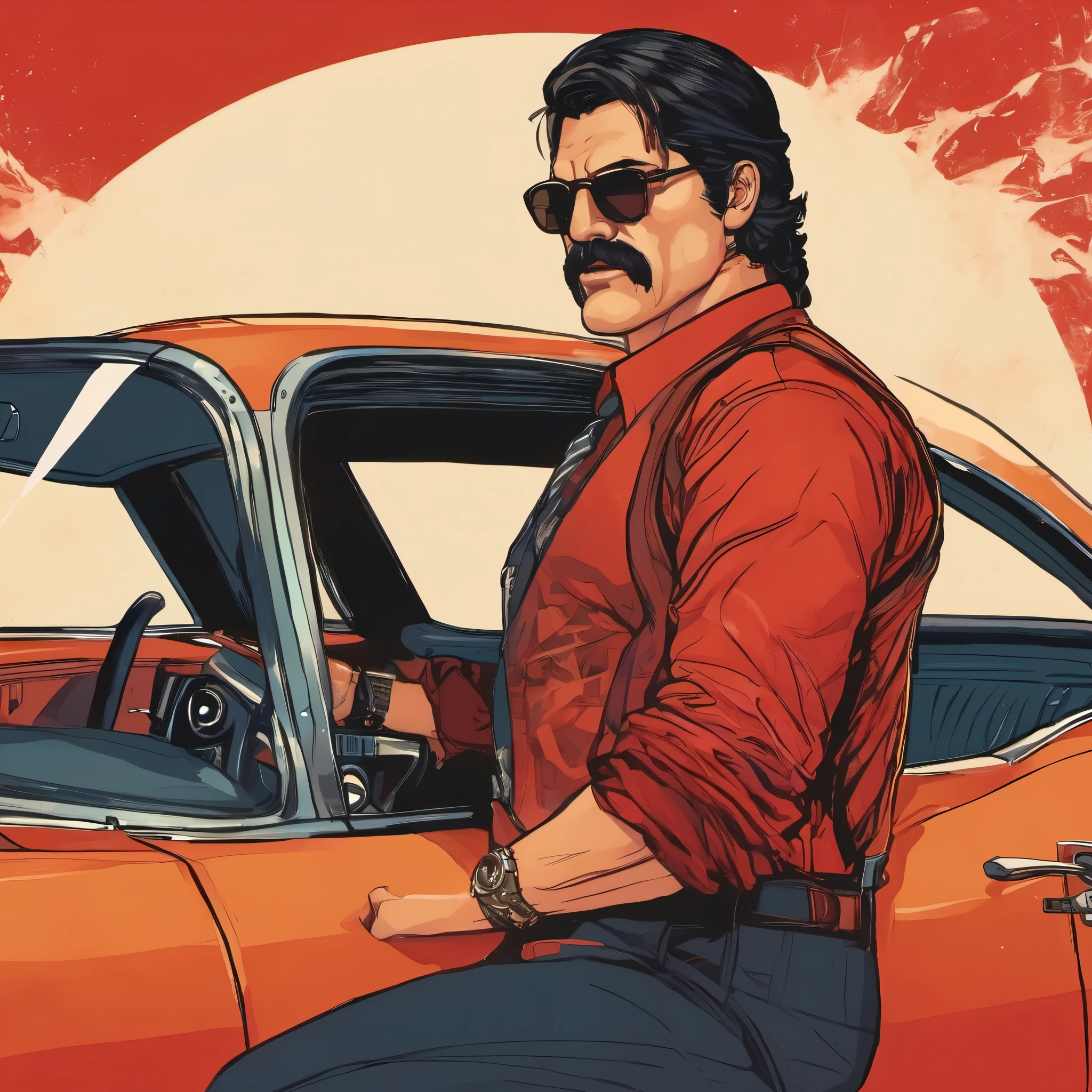 (obra maestra, Mejor calidad:1.2), 1 chico, solo, thenahualli, driving a muscle car, serious, dangerous man, elegant from side