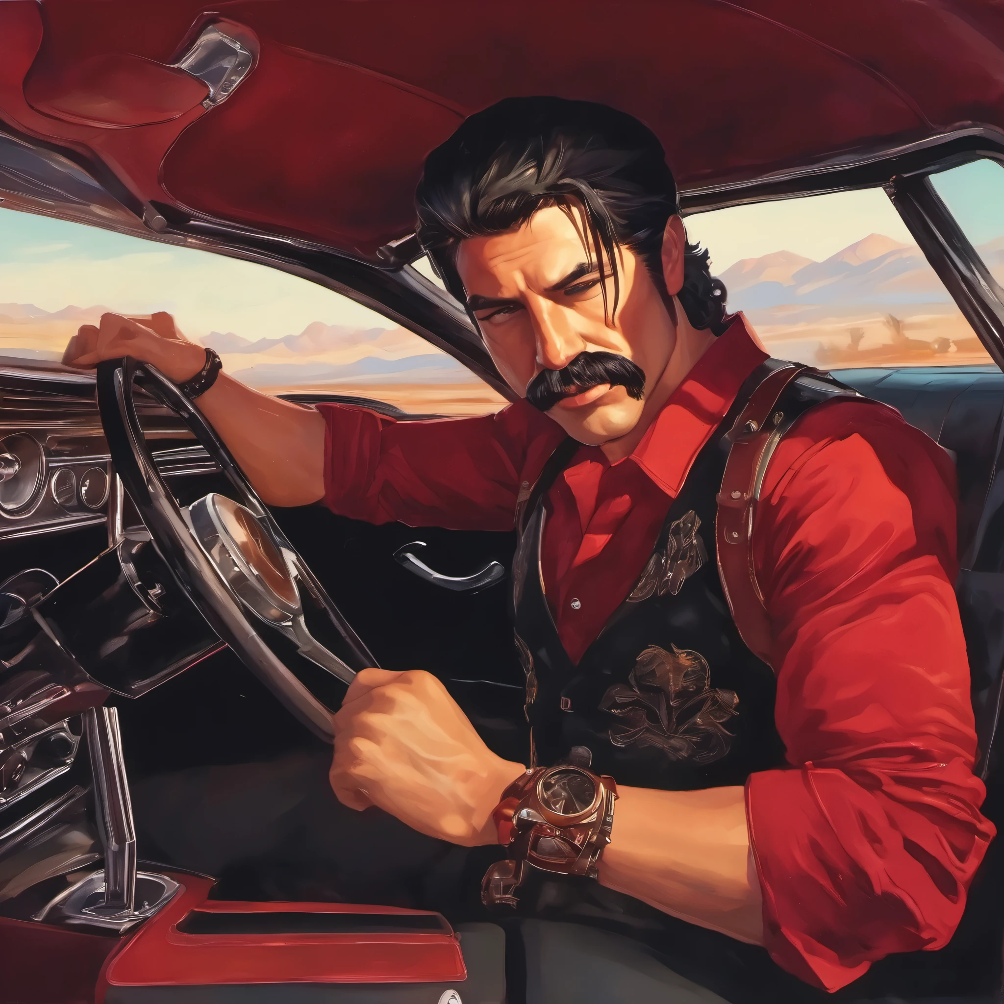 (obra maestra, Mejor calidad:1.2), 1 chico, solo, thenahualli, driving a muscle car, serious, dangerous man, elegant from side, black vest, red shirt, inside car, mustang