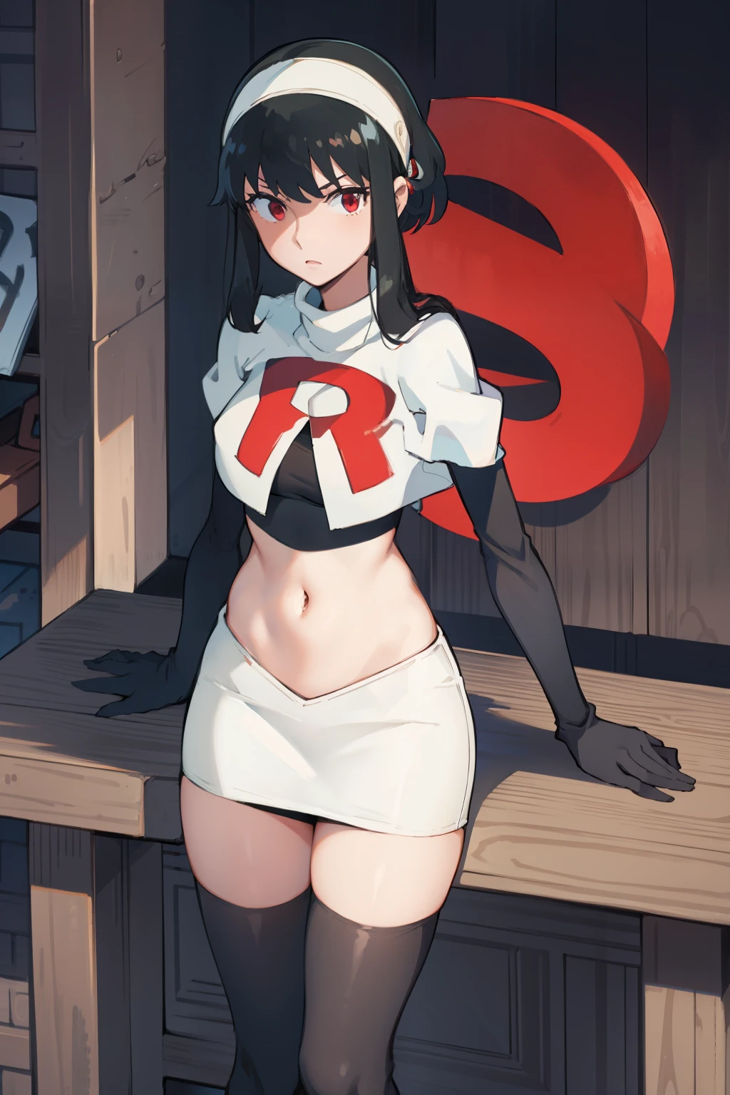 yor, 1girl, black hair, red eyes, black hair, short hair, short hair with long locks, bangs, sidelocks, white hairband,team rocket,team rocket uniform, red letter R, white skirt,white crop top,black thigh-highs,black elbow gloves,