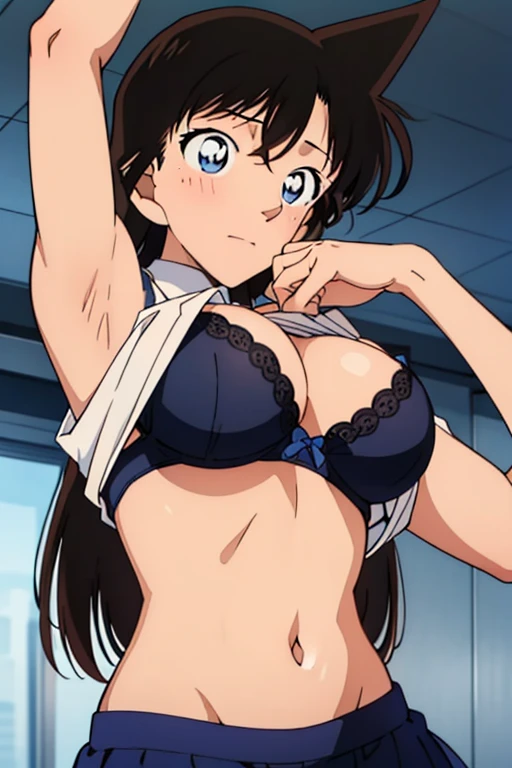 (1 old man, grab someone else&#39;s chest, grab from behind, groping, hetero:1.2), highest quality, High resolution, 1 girl, focus only, (big breasts),cleavage、it is in it, white shirt,(black bra)、 mini blue skirt, red panties, embarrassing, (from diagonally below:1.2)、high resolution、anime drawing、looking at the camera,Show your armpits