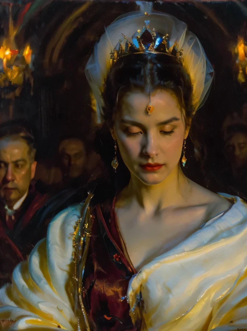 ((masterpiece、highest quality、Super detailed、High resolution、sharp focus、cinematic lighting))、(1 female、bust shot、face light))、Adult woman in her 40s、A stunning portrait of the exiled queen、persephone queen of the dead、noble clothes、middle ages、Classicism、analog、realistic painting、Fine art、black tone、Mysterious horror、gothic、darkness、pitch black darkness、nothingness、Black Ghost、immortal soul、Strict atmosphere、majestic atmosphere、There is elegance、dignity、solemnity、Bewitching、jewelry/accessories、ruthless queen of the night、((view audience))、masterpiece