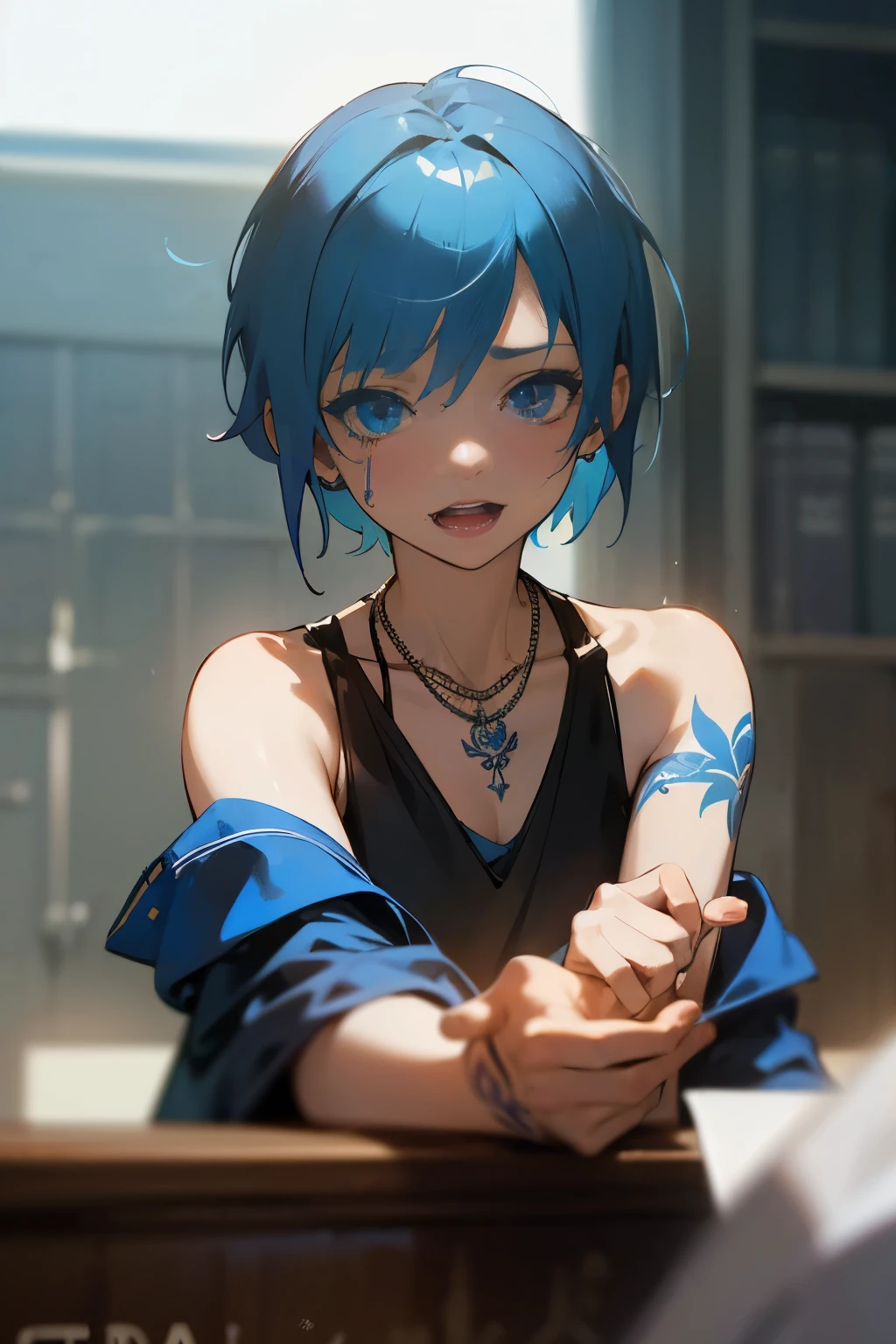 Masterpiece, Best quality, High quality, Very detailed CG uniform 8k wallpaper, 1girl, Single, Blue hair, tattoo, short hair, he have, jewelry, He smiles, necklace, Looking at the audience, he have, real, Open mouth, teeth, Upper body, Jacket, nose, Bare shoulders, Artist name, Black crown, Clavicle, arm tattoo, Blue eyes, Shefa, Blur, Oil paint, award-winning photography, sad, Depth of field, Human development report, Thrives, chromatic aberration, realism, Very detailed, ArtStation is complex, High detail, dramatic, Art from mid-flight