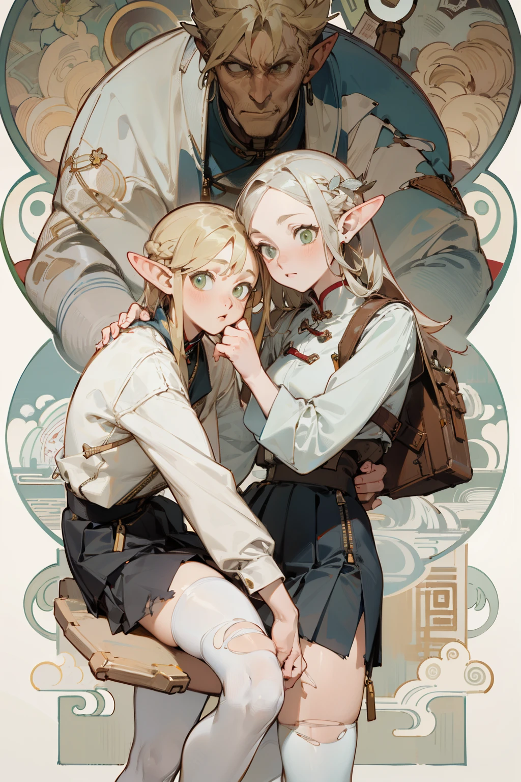 (masterpiece, best quality) detailed, Wearing white tights, silver accessories , zipper unzipped , Blonde ,elegant, pointed ears ,Chinese element pattern,thigh,漏出thigh,White shirt,white pleated skirt,torn clothes,Alphonse Mucha