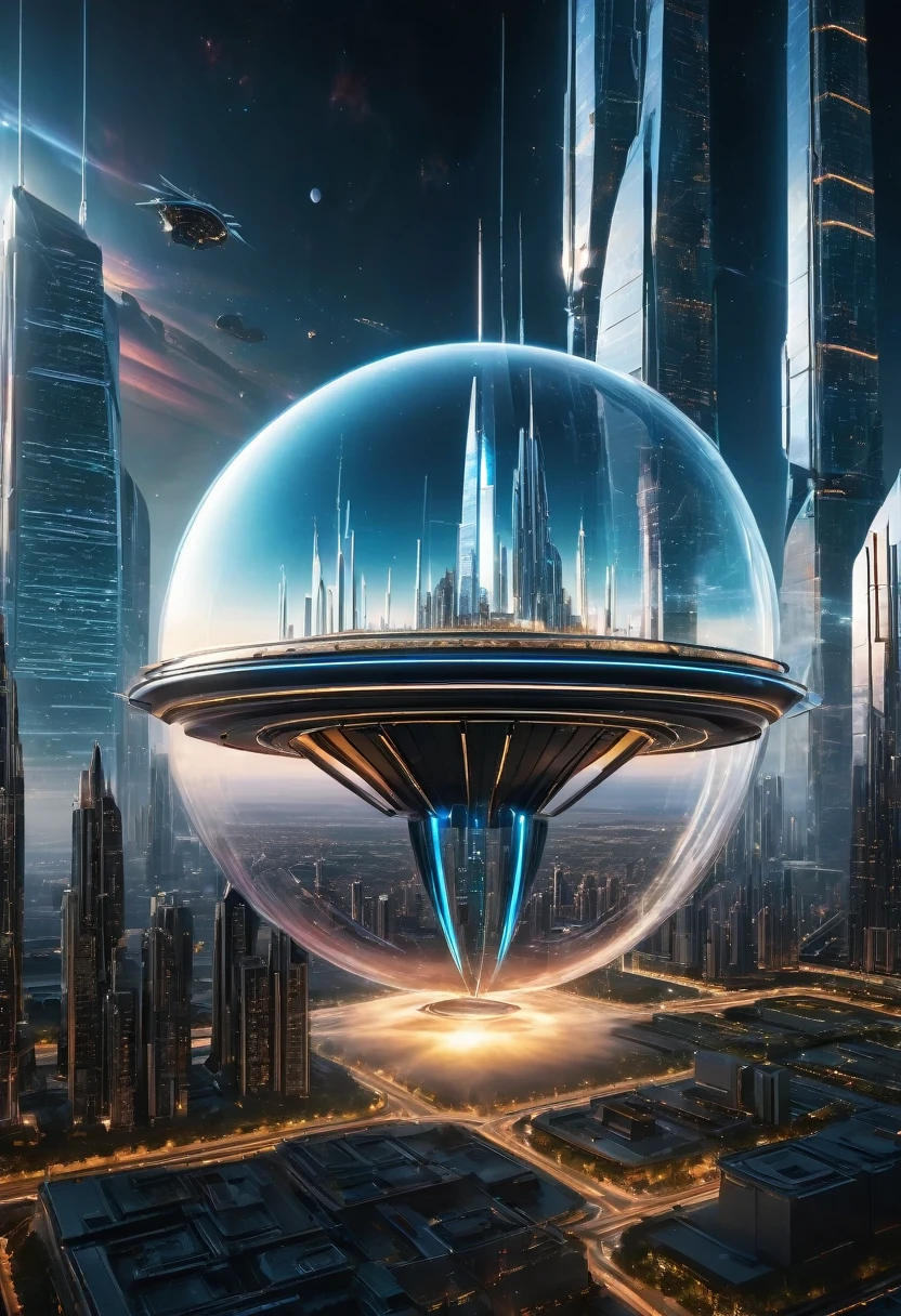 (best quality,4K,8K,high resolution,masterpiece:1.2),Super detailed,(actual,realistically,realistically:1.37),future technology,Spectacular high-tech space landscape,with plasma thruster powered warp drive,advanced space station,Glowing hologram,sky full of stars,floating island,future technology,Luxurious architectural design,Impressive futuristic cityscape,advanced spacecraft,Flying a drone,transparent dome,Pause parking,towering skyscrapers,energy shield,sparkling neon lights,huge spaceport,interstellar travel,cosmic energy field,alien spacecraft,interstellar exploration,Epic sci-fi atmosphere,Artificial intelligence integration,strong energy beam,otherworldly aesthetics,cosmic phenomena,zero gravity environment,majestic celestial body,Pulsating Energy Core,majestic control center,16K,Professional photography