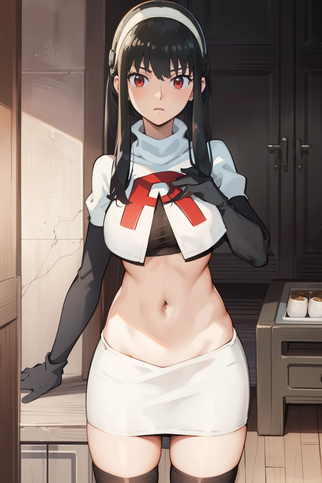 yor, 1girl, black hair, red eyes, black hair, short hair, short hair with long locks, bangs, sidelocks, white hairband,team rocket,team rocket uniform, red letter R, white skirt,white crop top,black thigh-highs,black elbow gloves,