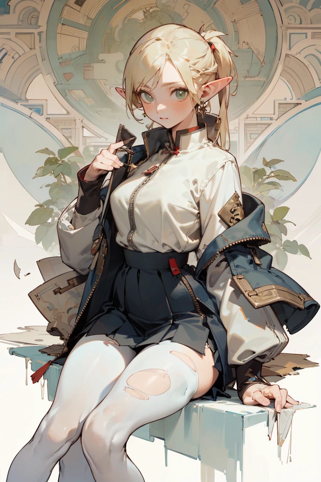 (masterpiece, best quality) detailed, Wearing white tights, silver accessories , zipper unzipped , a blonde ,elegant, pointed ears ，Chinese element pattern，thigh，漏出thigh，White shirt，white pleated skirt，torn clothes，Alphonse Mucha