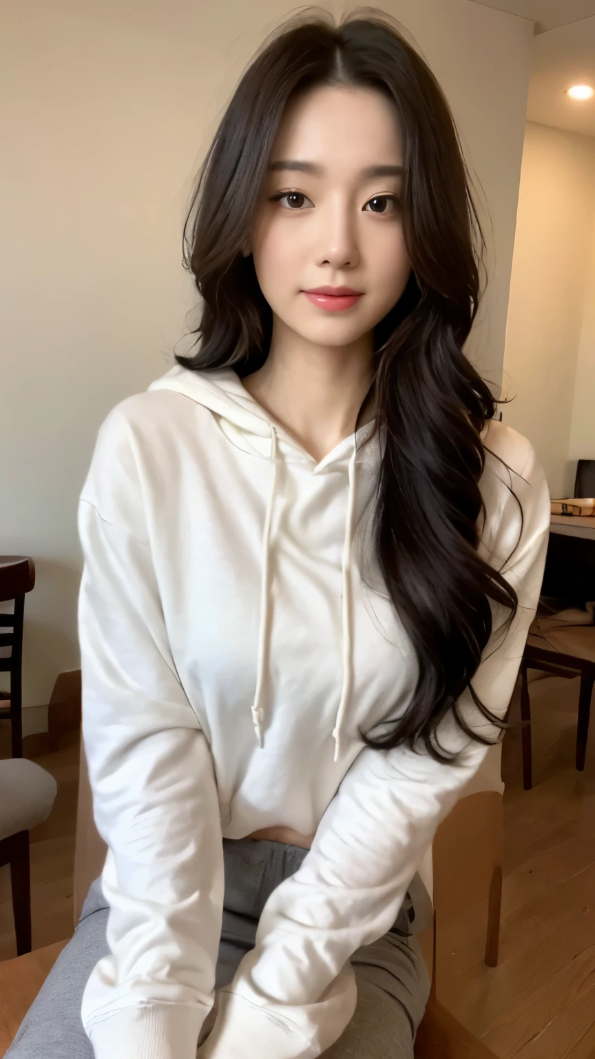 ((top-quality、8k、masterpiece:1.3))、Beautiful woman with perfect body:1.4、slim abdomen:1.2、Longhair, normal breast, Highly detailed facial and skin texture, A detailed eye, delicate eyes, double eyelid, (smile), (full body shot), (restaurant)), ((sitting on chair)), ((wearing white hoodie)), looking in front