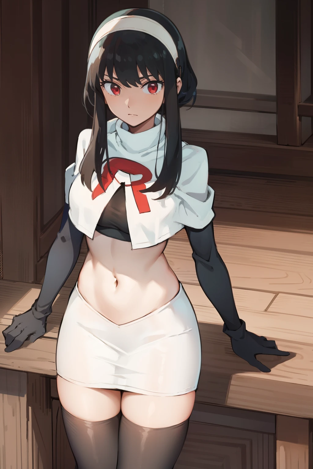 yor, 1girl, black hair, red eyes, black hair, short hair, short hair with long locks, bangs, sidelocks, white hairband,team rocket,team rocket uniform, red letter R, white skirt,white crop top,black thigh-highs,black elbow gloves,