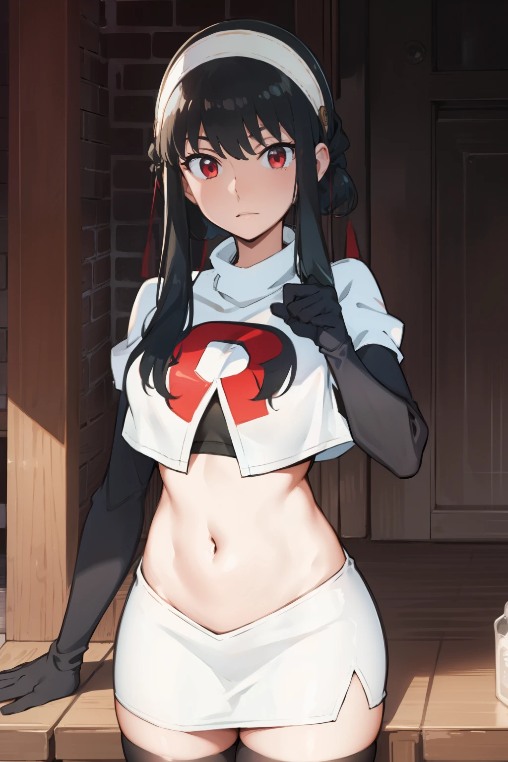 yor, 1girl, black hair, red eyes, black hair, short hair, short hair with long locks, bangs, sidelocks, white hairband,team rocket,team rocket uniform, red letter R, white skirt,white crop top,black thigh-highs,black elbow gloves,