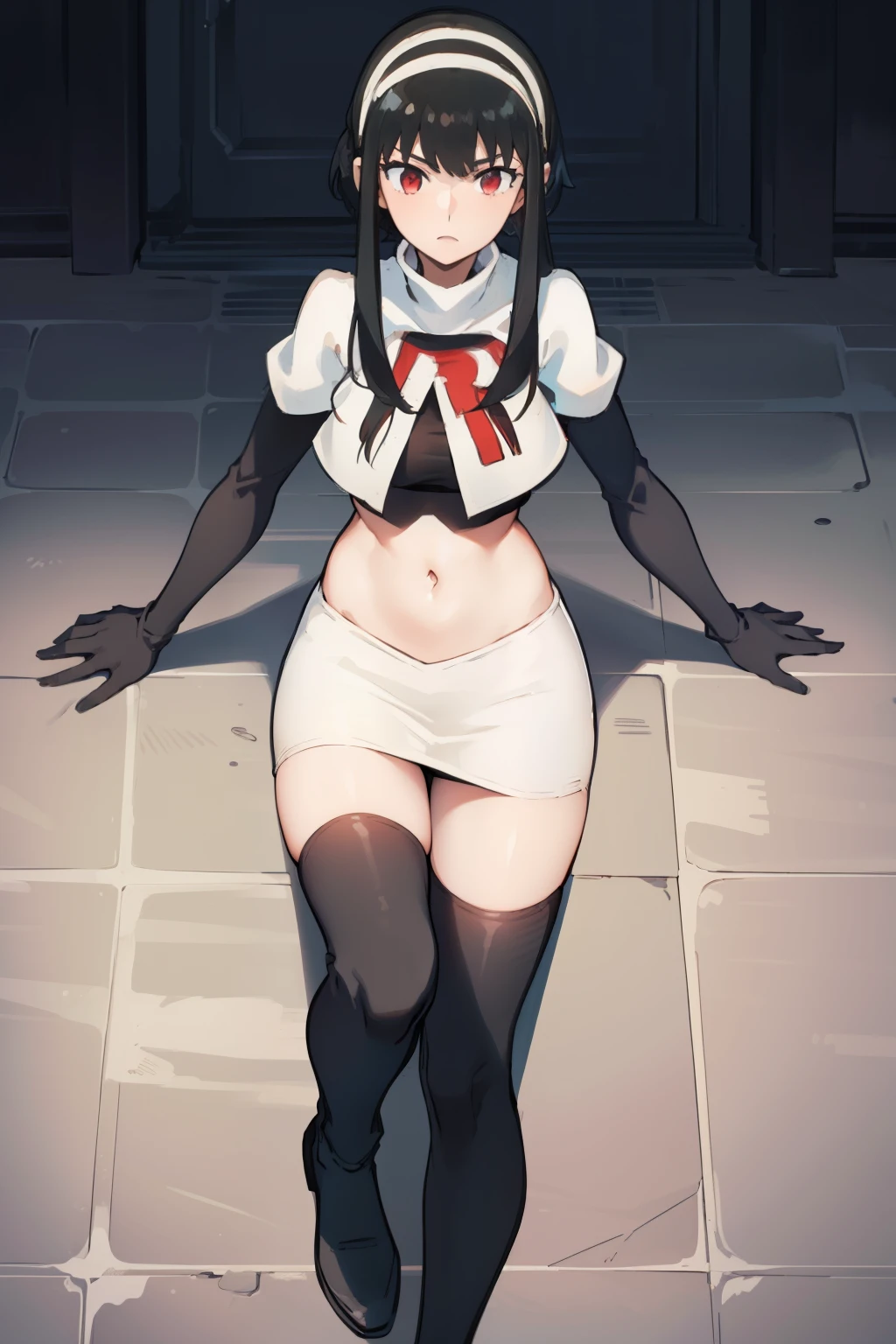 yor, 1girl, black hair, red eyes, black hair, short hair, short hair with long locks, bangs, sidelocks, white hairband,team rocket,team rocket uniform, red letter R, white skirt,white crop top,black thigh-highs,black elbow gloves,