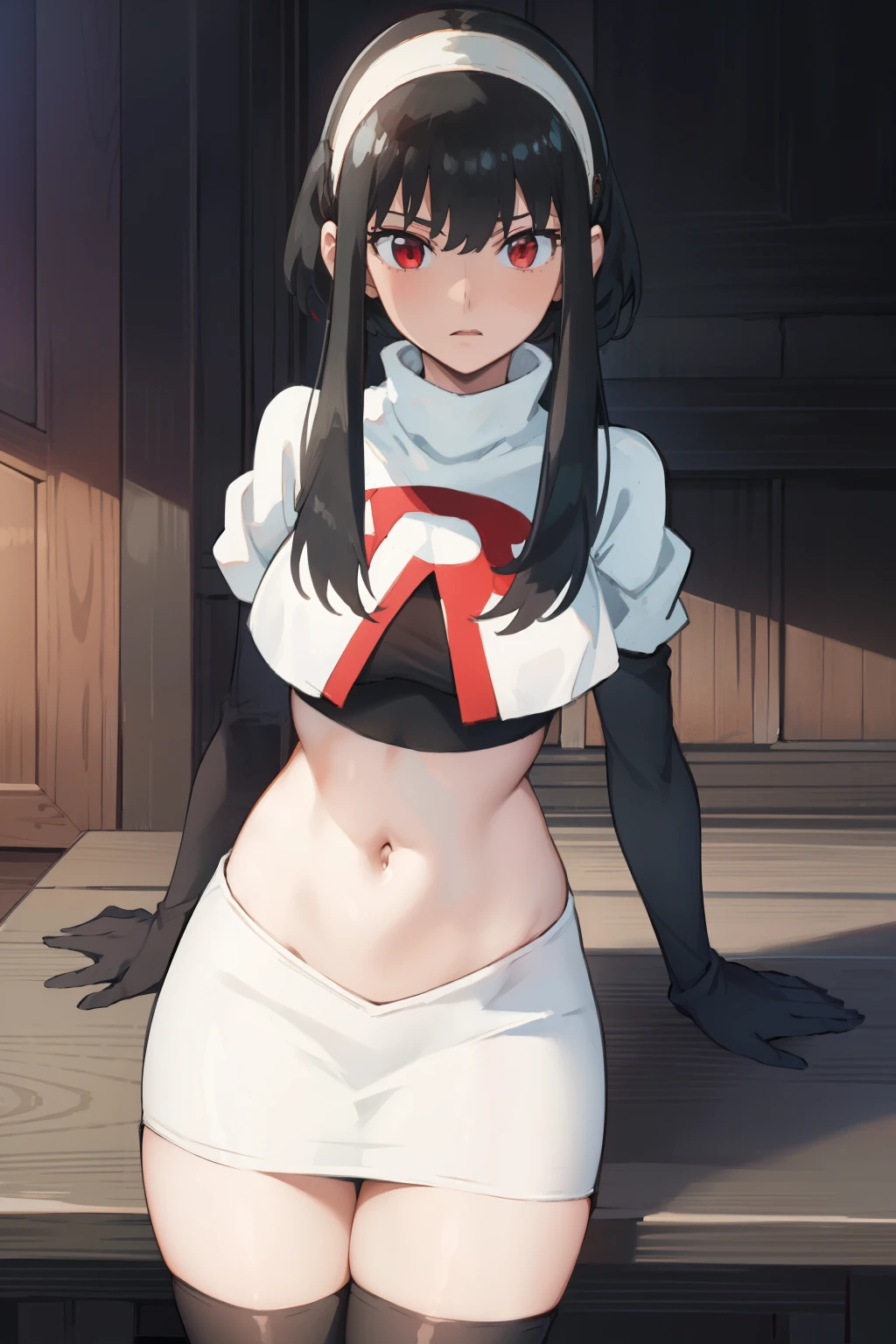 yor, 1girl, black hair, red eyes, black hair, short hair, short hair with long locks, bangs, sidelocks, white hairband,team rocket,team rocket uniform, red letter R, white skirt,white crop top,black thigh-highs,black elbow gloves,