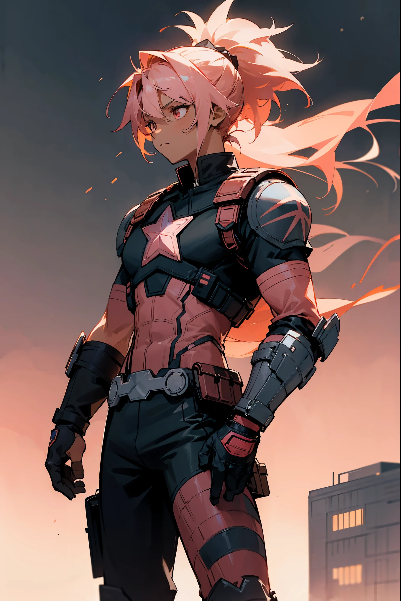 Brown Skin , Messy Hair , Spiky Hair , Short Spiky Ponytail , Salmon Pink Hair , Salmon Pink Eyes , Black Military Combat Clothing with a white star system on the chest , Black Captain America Shield held on arm , Modern City Background , Standing on Sidewalk, black captain america clothing, black clothing