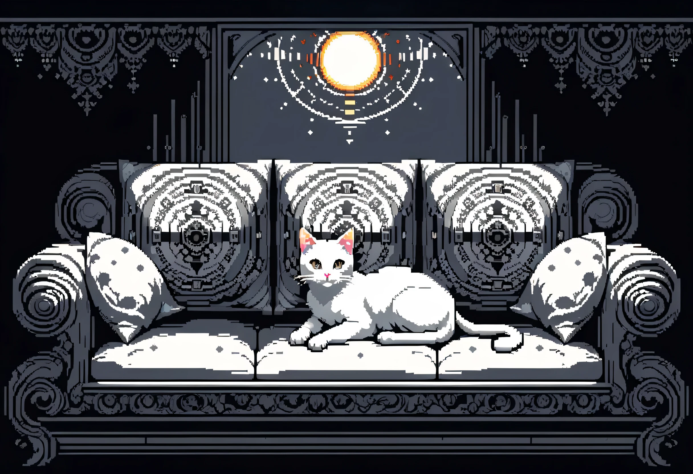 (stylish cat pixel art:1.3), (16 bit:1.3), (point:1.3), In a modern room sleeping on a sofa, highlight point, Through the natural light of the setting warm sun, Professionally rendered precision, Each piece is rendered with intricate detail and rich color., sense and depth、and breathtaking realism, intricate details, visually stunning, unparalleled stunning elaborate point work, high contrast, tonal contrast, wonderful use of large and small point, point線を表示する,