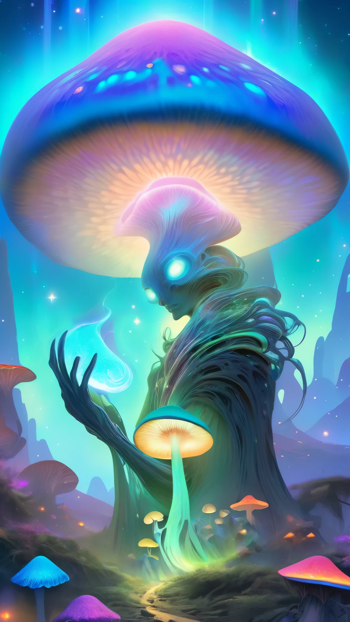 A majestic alien holding a glowing, psychedelic psilocybe cubensis mushroom in its hand, surrounded by a vibrant, otherworldly landscape.