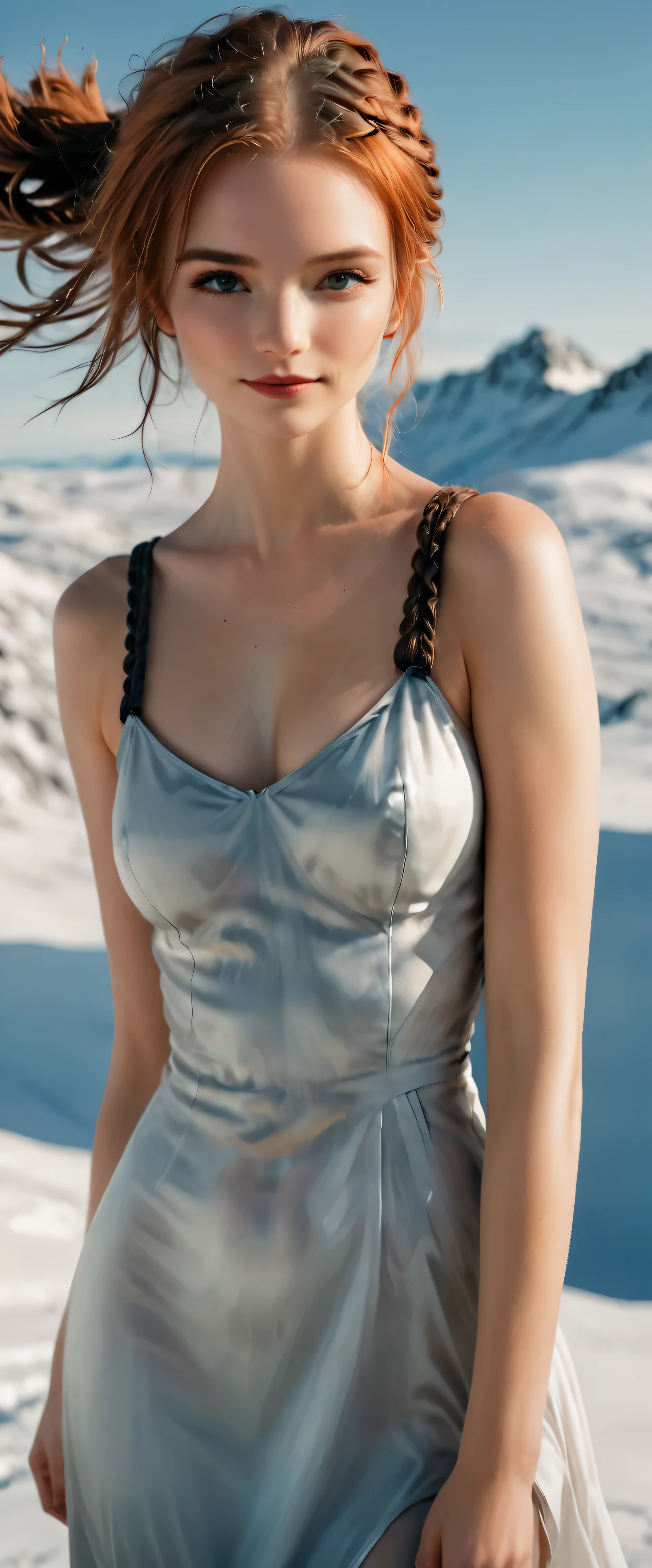 ((close):1.1), outline with black ink, smooth lines, Express facial expressions and posture with contrast of ink, The background is the Nordic tundra.. emphasize the light, shadow and space. ((Supermodel Scandinavian beauty and exotic arctic fox painting)). bright auburn hair, (messy braided hairstyle), ((Fresh)), ((become familiar with_beautiful eyes):1.1), wearing a sexy dress, Fine art, figurative art, wear proper clothes. sexy images, | (highest quality, 4k, 8K, High resolution,masterpiece:1.2), Super become familiar with,(actual, photoactual, photo-actual:1.37).smile,
