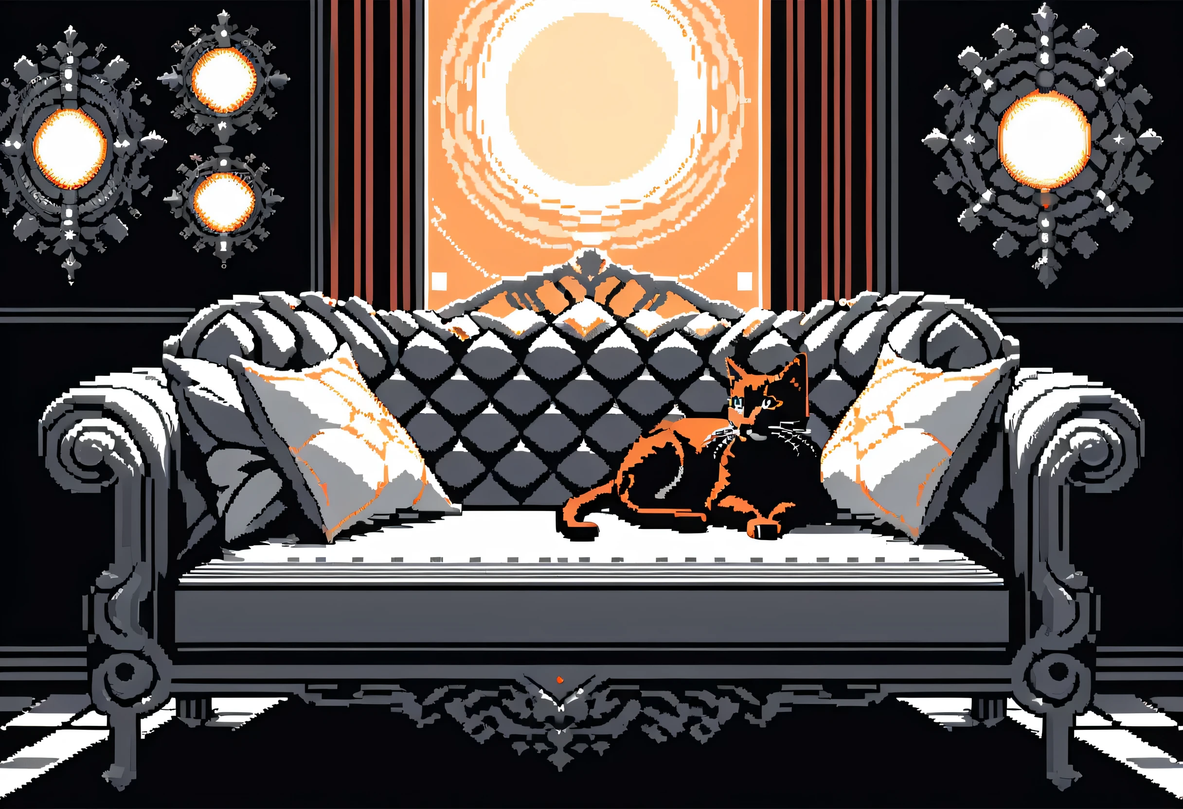 (stylish cat pixel art:1.3), (16 bit:1.3), (point:1.3), In a modern room sleeping on a sofa, highlight point, Through the natural light of the setting warm sun, Professionally rendered precision, Each piece is rendered with intricate detail and rich color., sense and depth、and breathtaking realism, intricate details, visually stunning, unparalleled stunning elaborate point work, high contrast, tonal contrast, wonderful use of large and small point, point線を表示する,