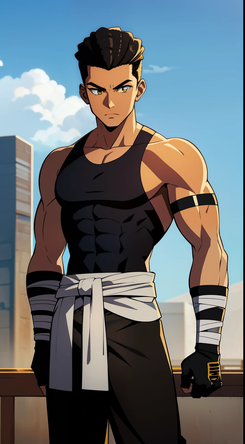 (high-quality, breathtaking),(expressive eyes, perfect face) 1boy, male, solo, young adult, black hair, dreadlocks, tied back hair, yellow eyes, short hair length, dark skin, soft serious expression, Monk profession, martial artist, well built body, sleeveless shirt, pants, knuckle bandages, gloves, environment background