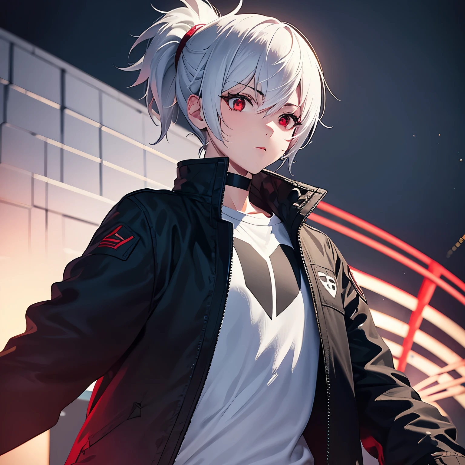 Cool tomboy Girl With white hair in ponytail, red Eye , black and white clothes with cool backgrounds