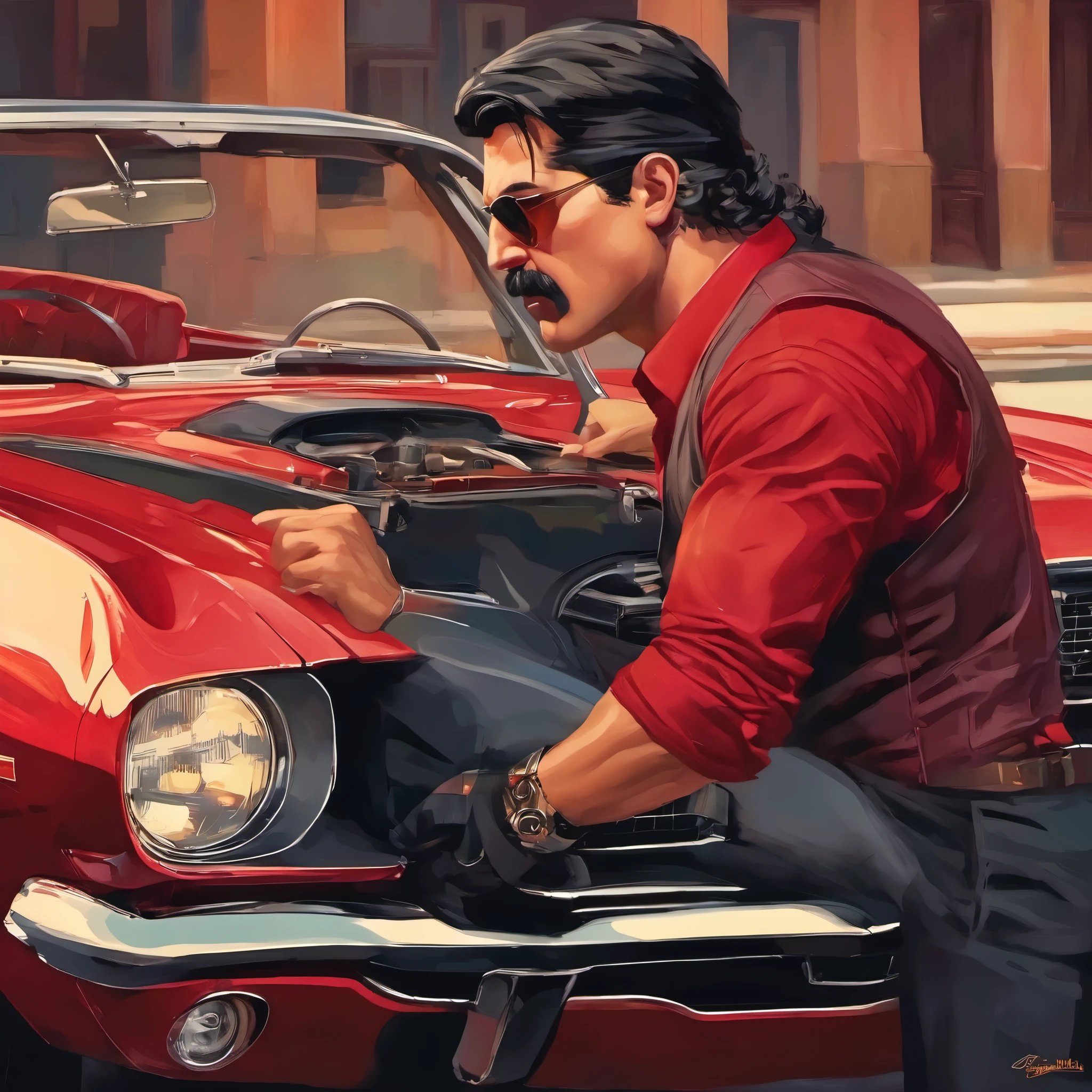 (obra maestra, Mejor calidad:1.2), 1 chico, solo, thenahualli, driving a muscle car, serious, dangerous man, elegant from side, black vest, red shirt, inside car, mustang