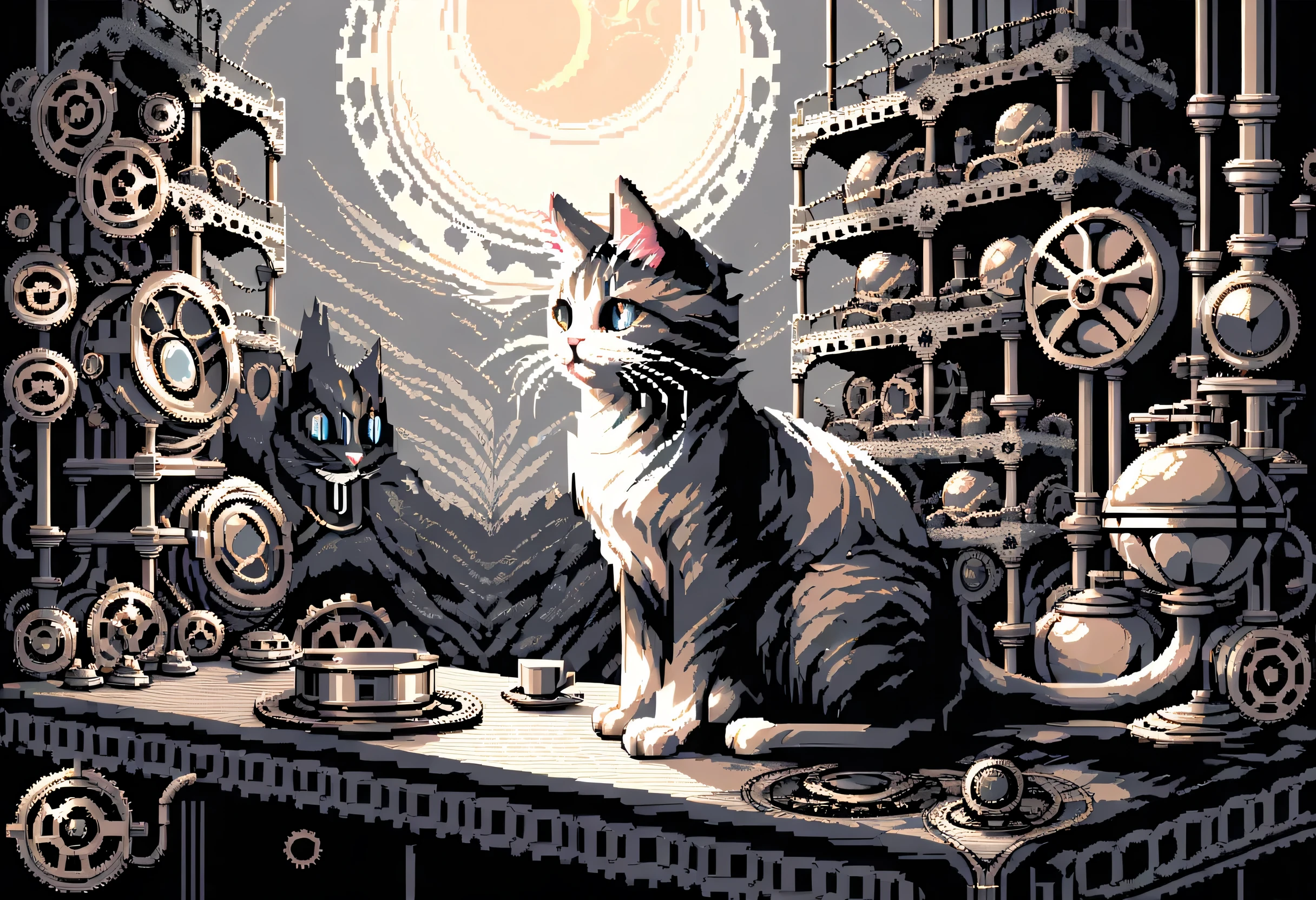 (steampunk cat pixel art:1.3), (16 bit:1.3), (point:1.3), highlight point, Cat work through the natural light of the sunset, Professionally rendered precision, Each piece is rendered with intricate detail and rich color., sense and depth、and breathtaking realism, intricate details, visually stunning, unparalleled stunning elaborate point work, high contrast, tonal contrast, wonderful use of large and small point, point線を表示する,