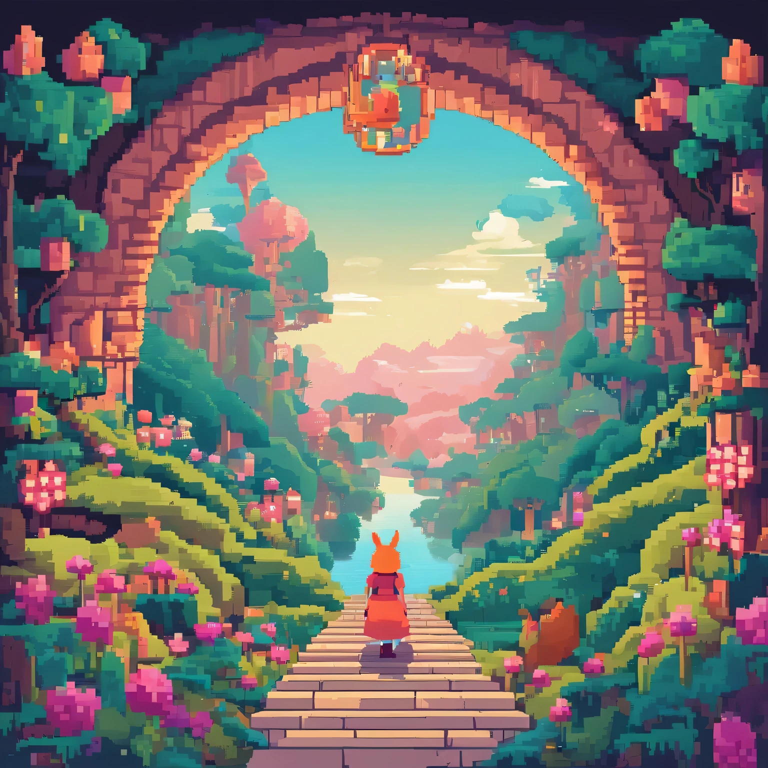 (best quality,4K,8K,high resolution,masterpiece:1.2),Super detailed,actual,photoactual:1.37,pixel art:1.1,alice in wonderland,illustration,vintage,bright colors,Copies of vintage arcade games:1.1,8-bit style,Block characters,Weird animation:1.1,Cheshire cat hiding in the shadows,Beautiful scenes with distinct layers,Giant mushrooms and whimsical flowers:Magical and psychedelic atmosphere:Strange creatures:surreal landscape ,visual storytelling:1.1,Curious Alice explores the magical world,Glittery pixelated reflections,Animated sprites that interact with the environment,A mysterious door to a hidden realm,lush pixel art foliage,Depth and dimension created using a limited color palette,Contrast of light and dark tones:1.1,Transition between day and night scenes,Subtle pixelated particles floating in the air,Mist and atmospheric effects,vintage-inspired typography with a touch of fantasy:Hidden Easter eggs and surprises:1.1,Journey down the rabbit hole:1.1
