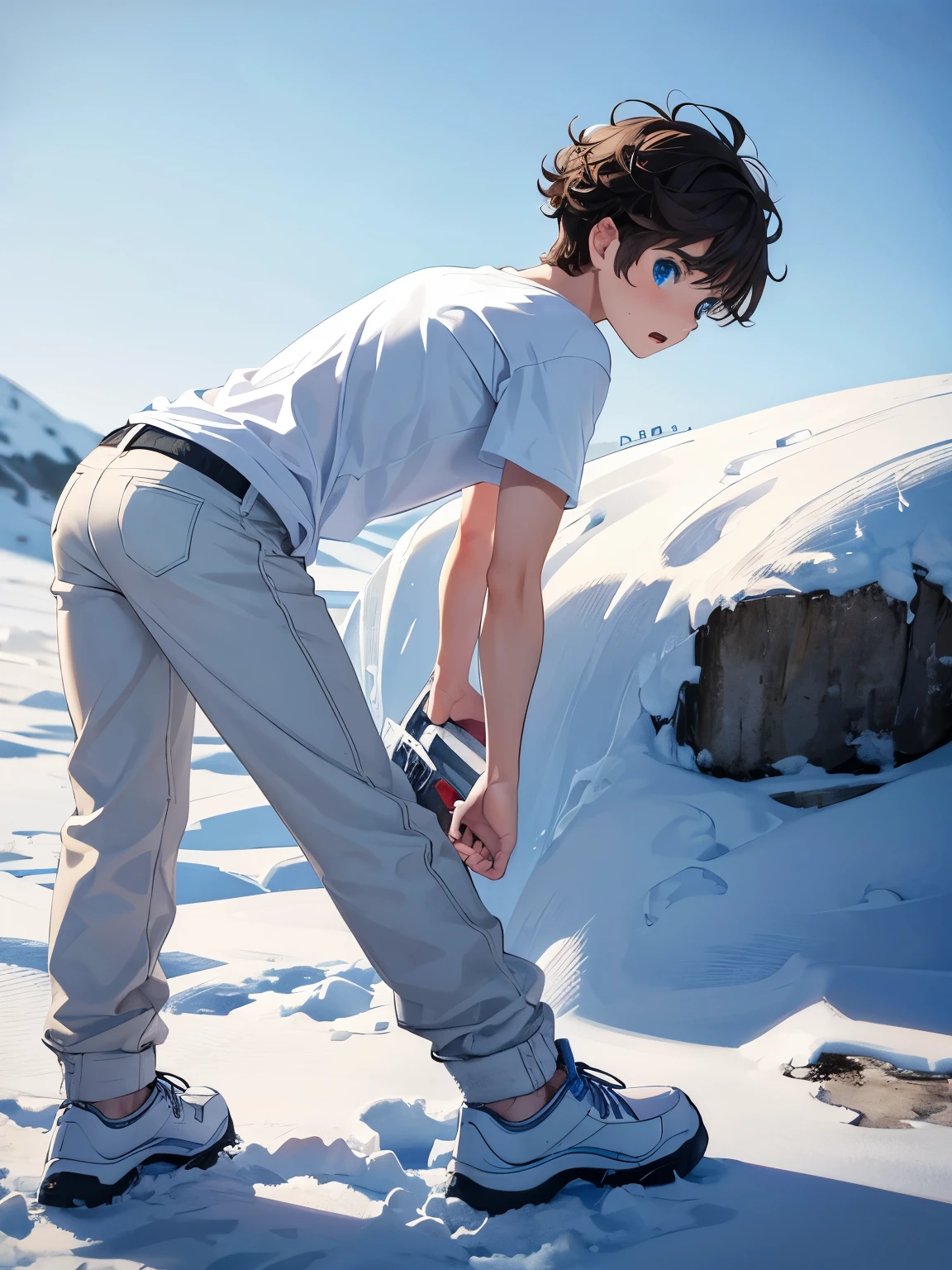 1boy,guy,walk in the north pole,snowing,Facing backwards, photo from behind,bent over,Panic expression, shocked expression, hysterical expression,blue eyes,full body photo,18 years old,Curly hair,medium hair,undercut hairstyle,light brown hair,Plain t-shirt, white t-shirt,white trousers,morning,ultra detail,masterpiece