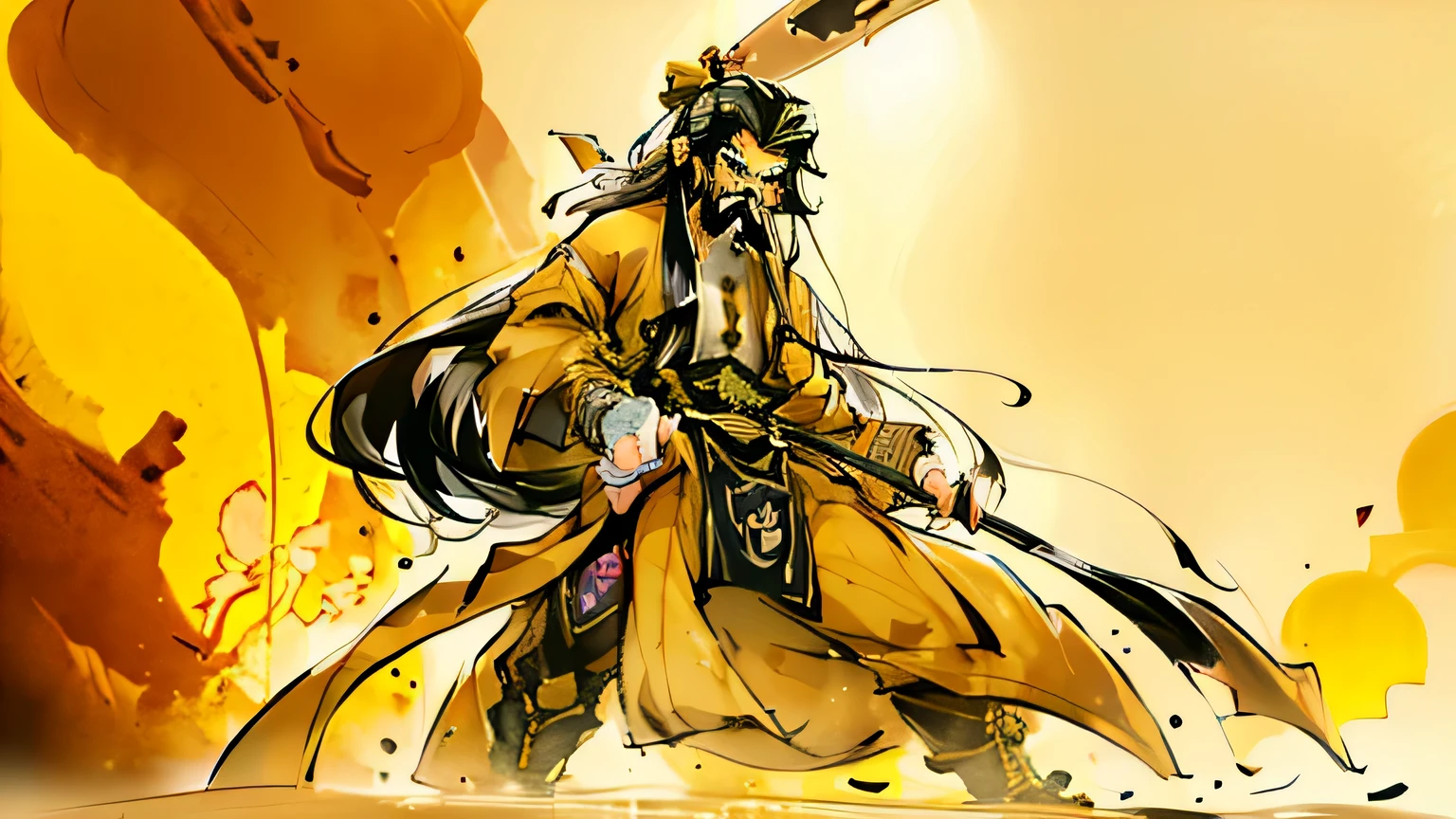 yellow man long hair long beard with banana warrior in the desert I can see the whole body